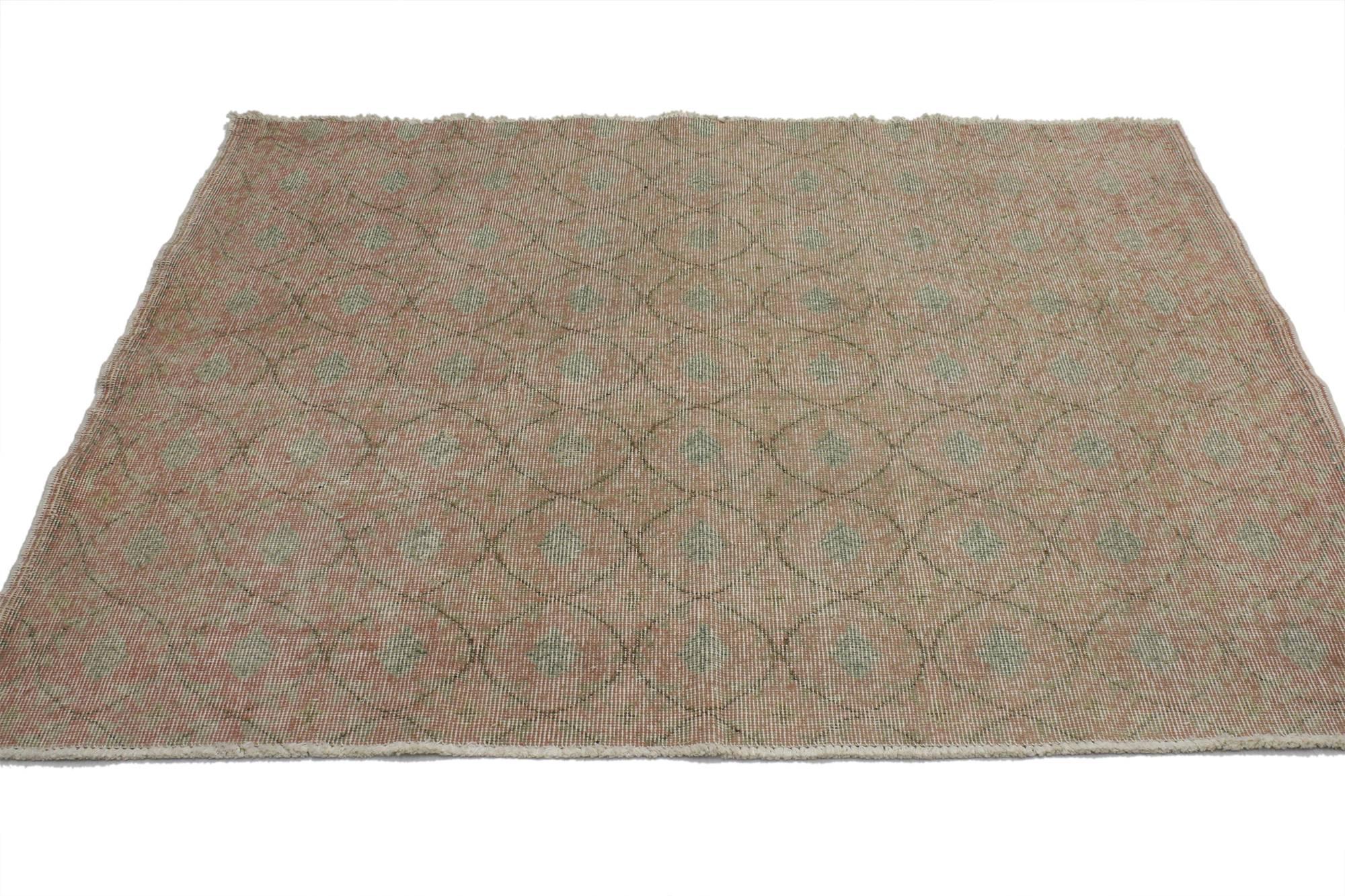 51984, Distressed Vintage Turkish Sivas Rug with Shabby Chic Rustic Farmhouse Style 04'05 x 05'02. ​​This distressed vintage Turkish Sivas Accent rug with farmhouse shabby chic style can make an interior space feel tastefully casual yet elegant. The