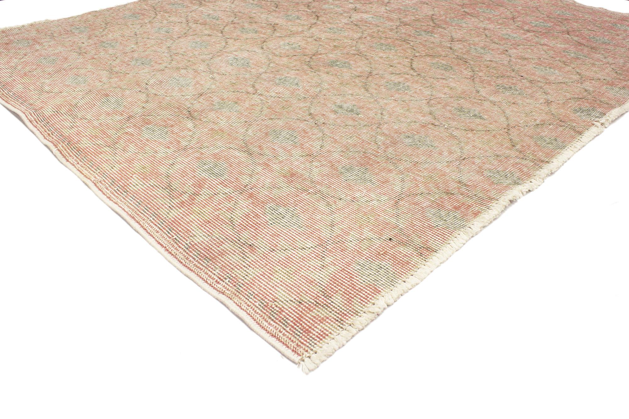 51984 Distressed Vintage Turkish Sivas Rug, 04'05 x 05'02. Step into a world of quiet sophistication with this hand-knotted wool distressed vintage Turkish Sivas rug, where tastefully casual elegance meets the charm of time-worn beauty. The soft,