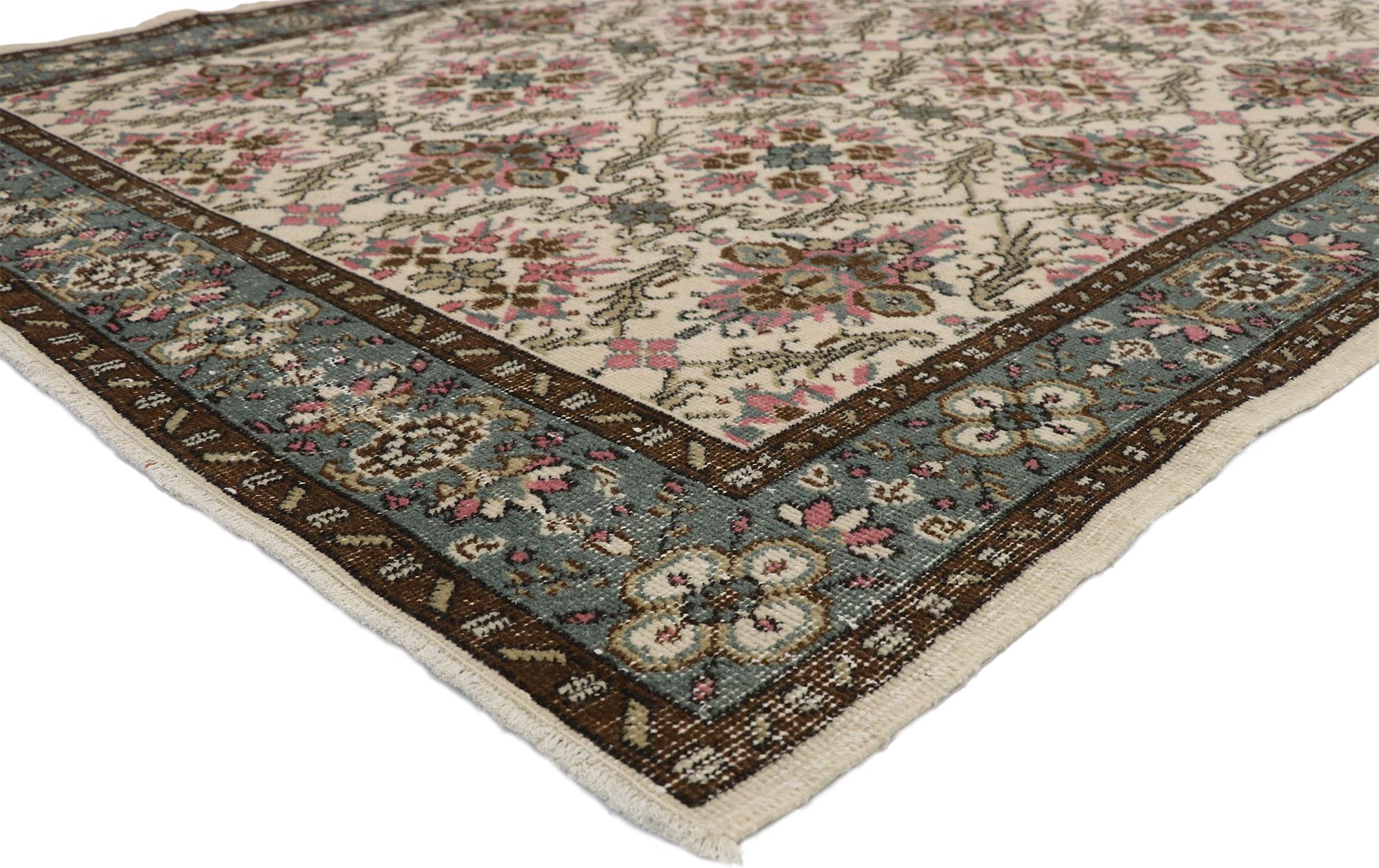 52573 Zeki Muren Distressed Vintage Turkish Sivas rug with Swedish cottage Gustavian style. Whimsy and rusticity collide in this hand knotted wool distressed vintage Turkish Sivas rug. It features an all-over floral trellis composed of alternating