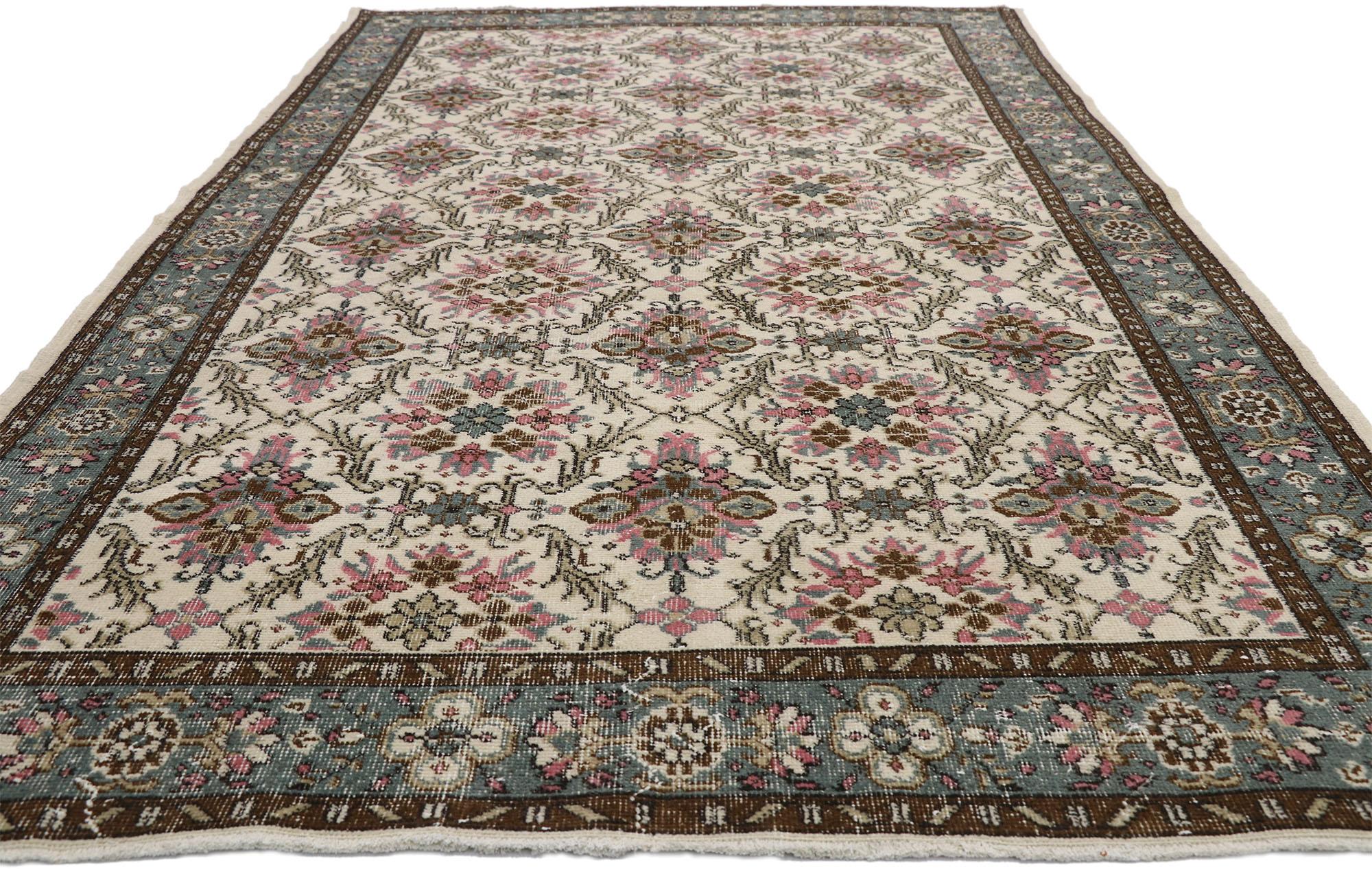 Hand-Knotted Distressed Vintage Turkish Sivas Rug with Swedish Cottage Gustavian Style For Sale