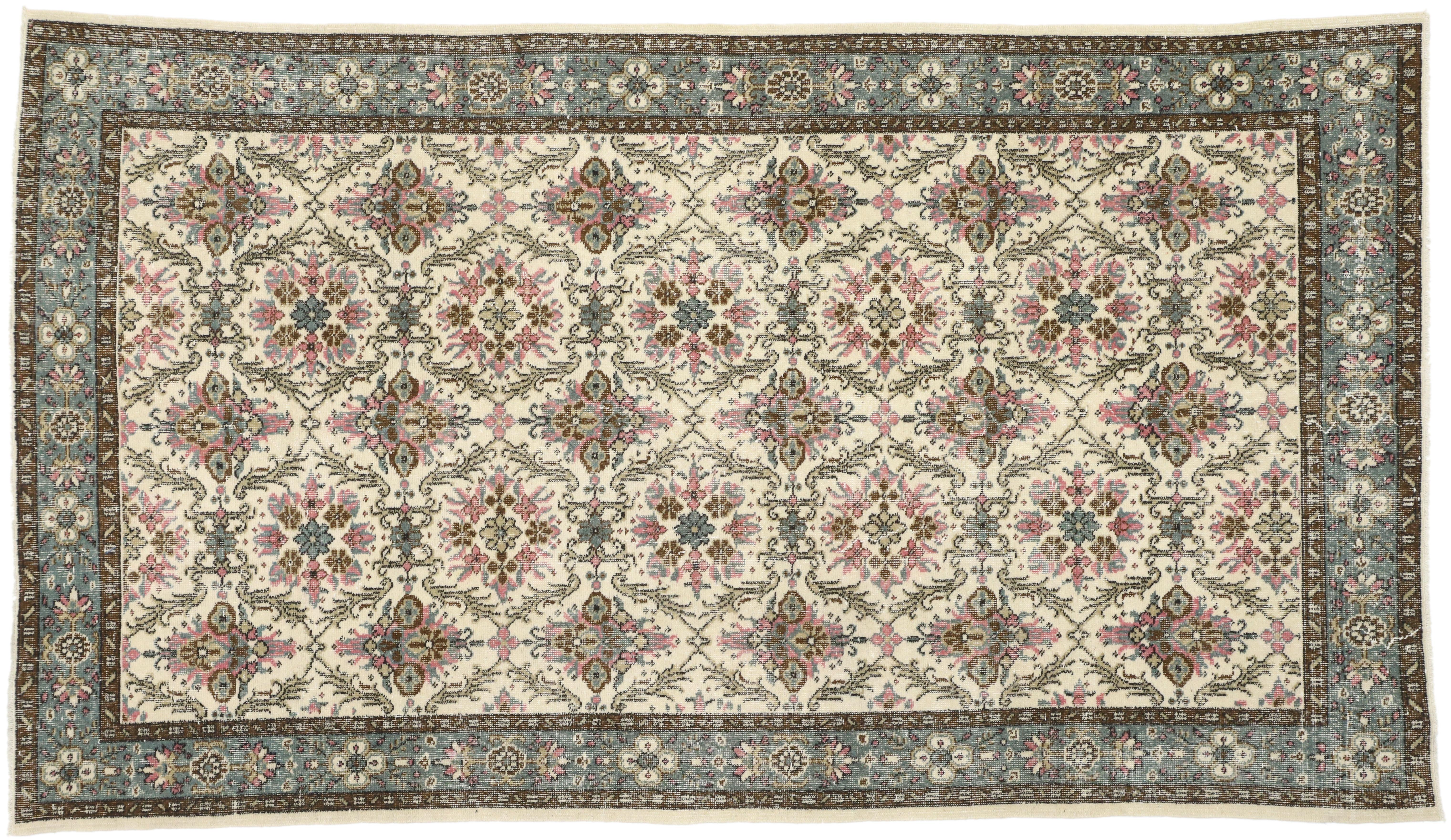 Wool Distressed Vintage Turkish Sivas Rug with Swedish Cottage Gustavian Style For Sale