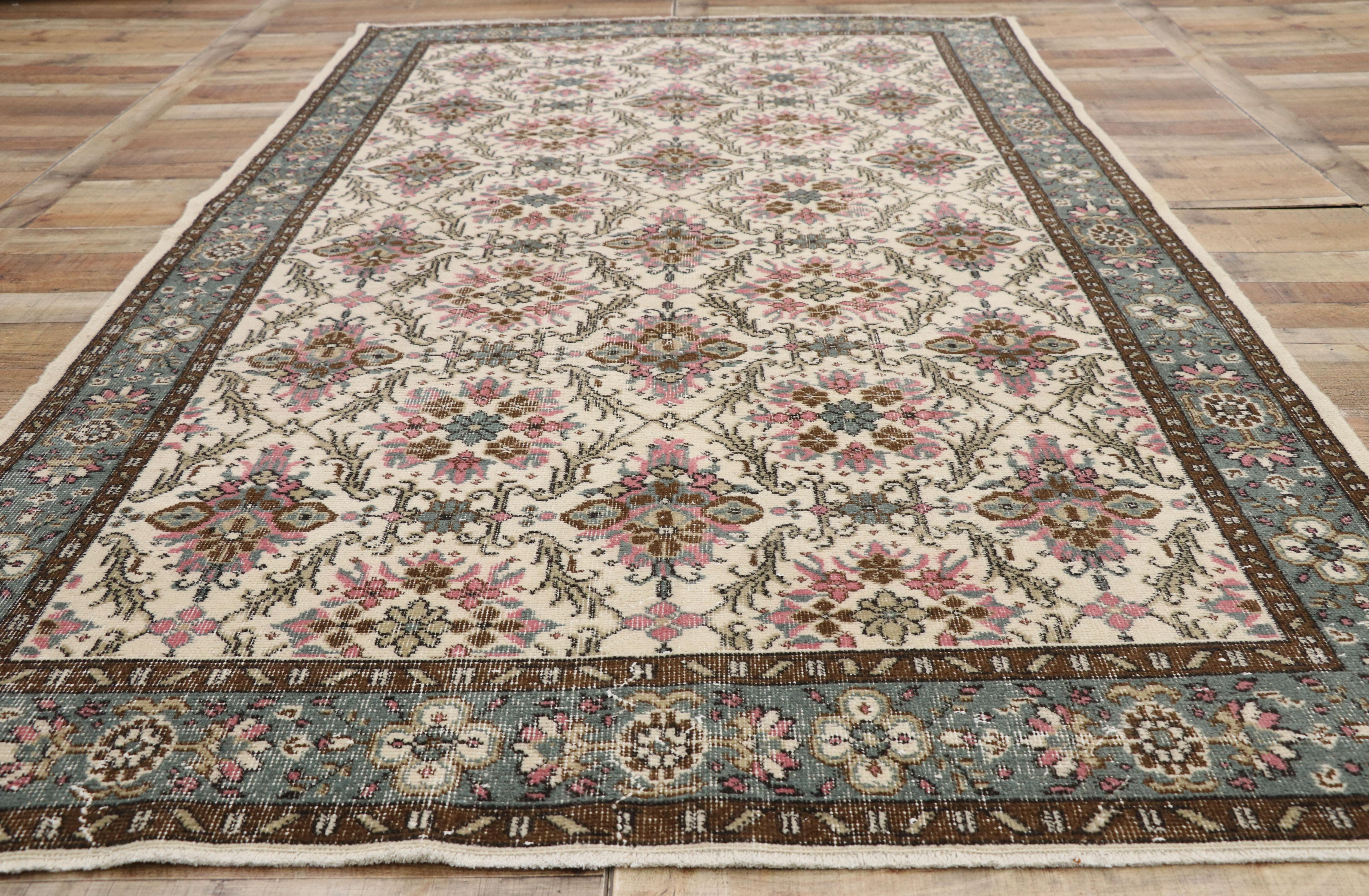 Distressed Vintage Turkish Sivas Rug with Swedish Cottage Gustavian Style For Sale 2