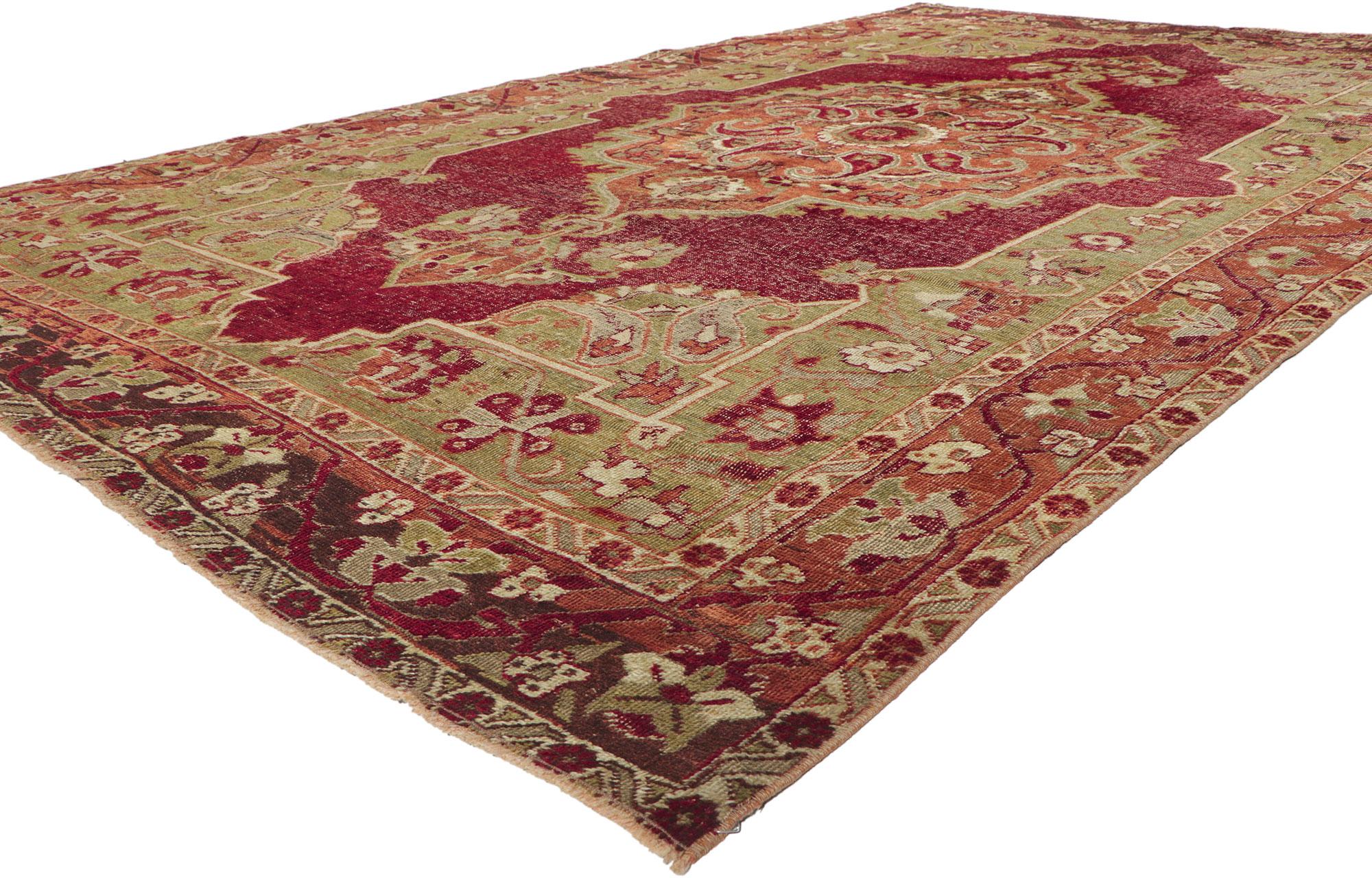 52037 distressed vintage Turkish Sivas rug with Traditional style 06'09 x 11'05. 
With its rugged beauty and timeless style, this hand-knotted wool distressed vintage Turkish Sivas rug is poised to impress. The lovingly time-worn field features an