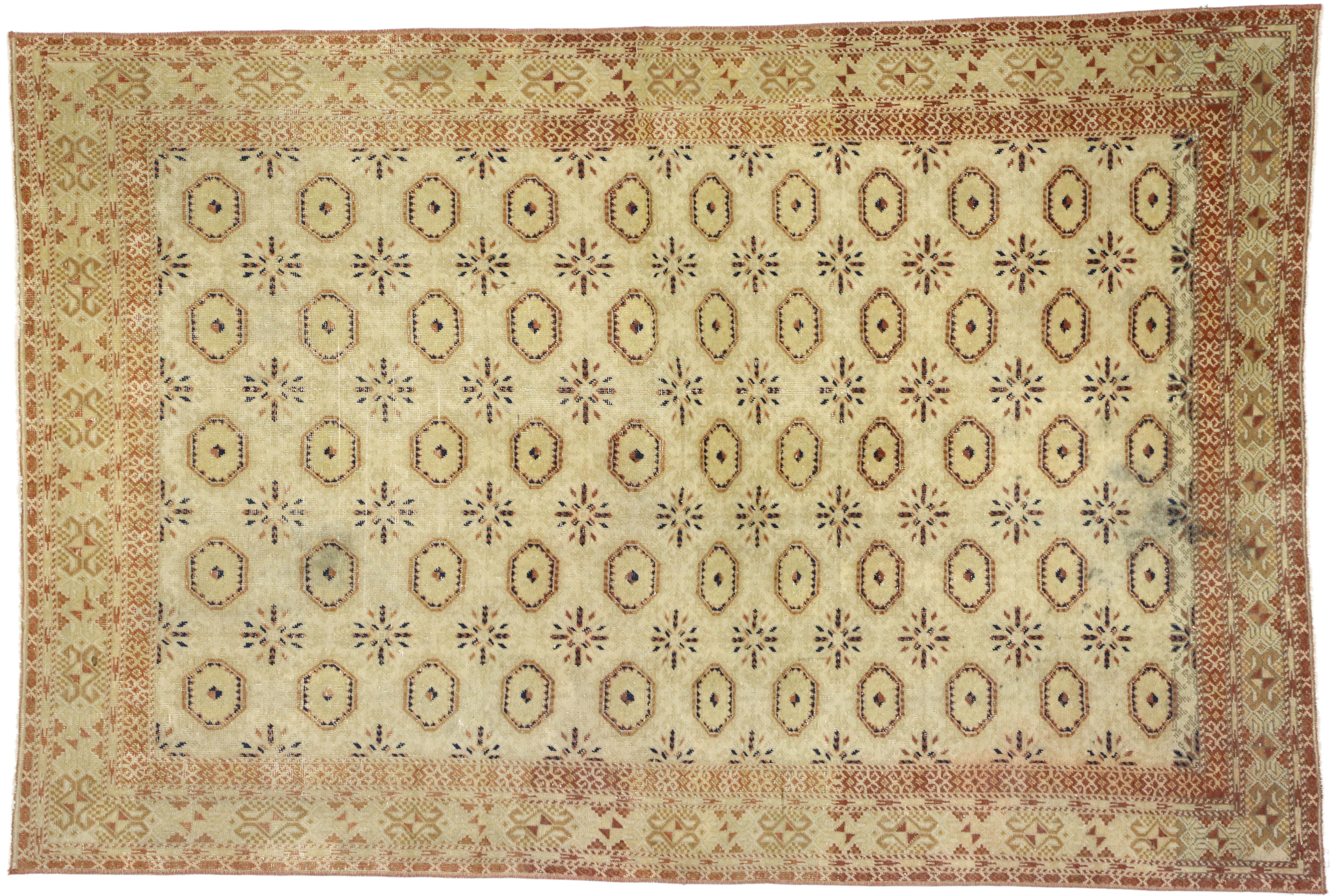 Wool Distressed Vintage Turkish Sivas Rug with Turkmen Design and Edwardian Style For Sale