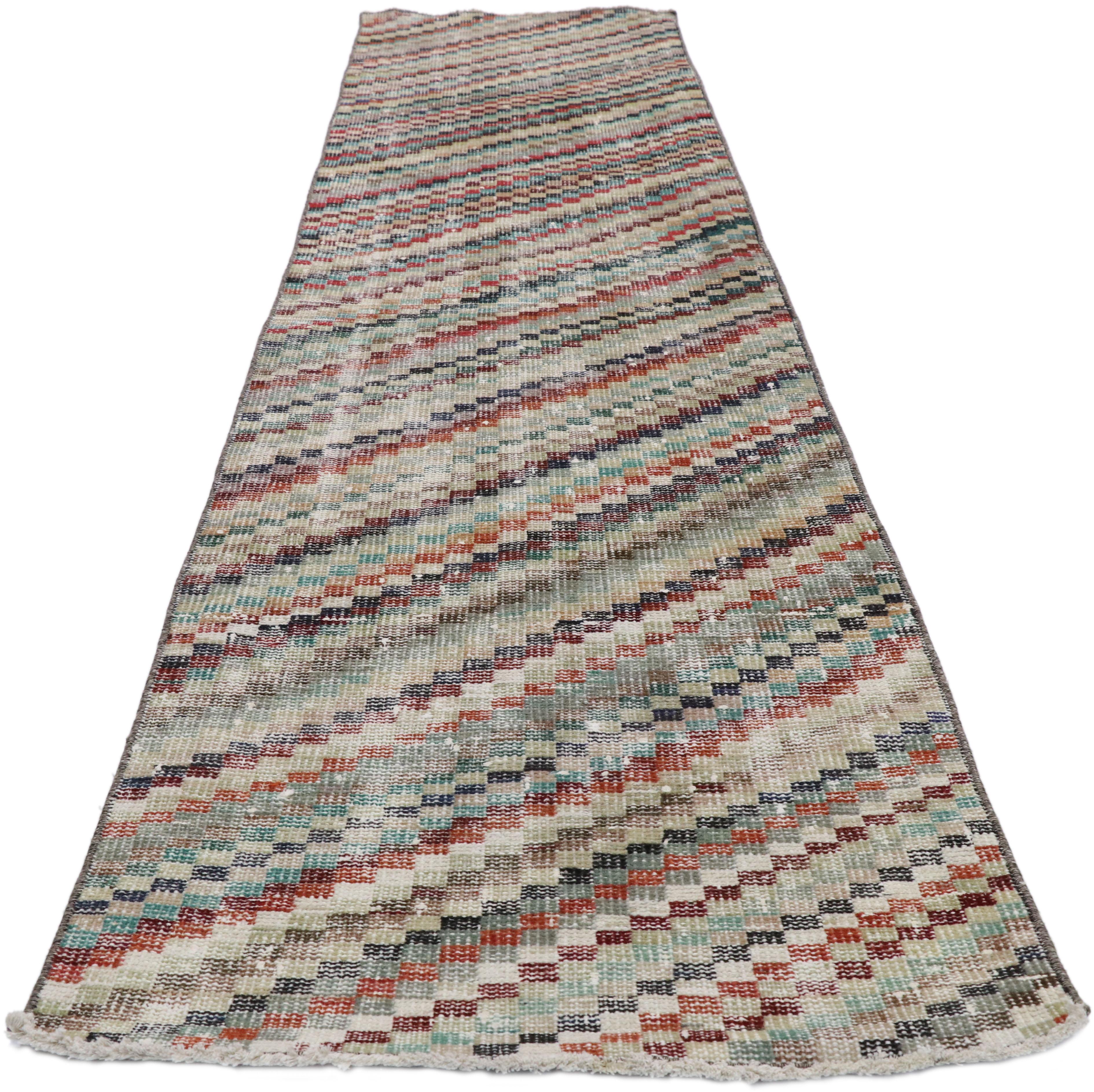 Hand-Knotted Distressed Vintage Turkish Sivas Runner with Art Deco Style, Narrow Runner For Sale