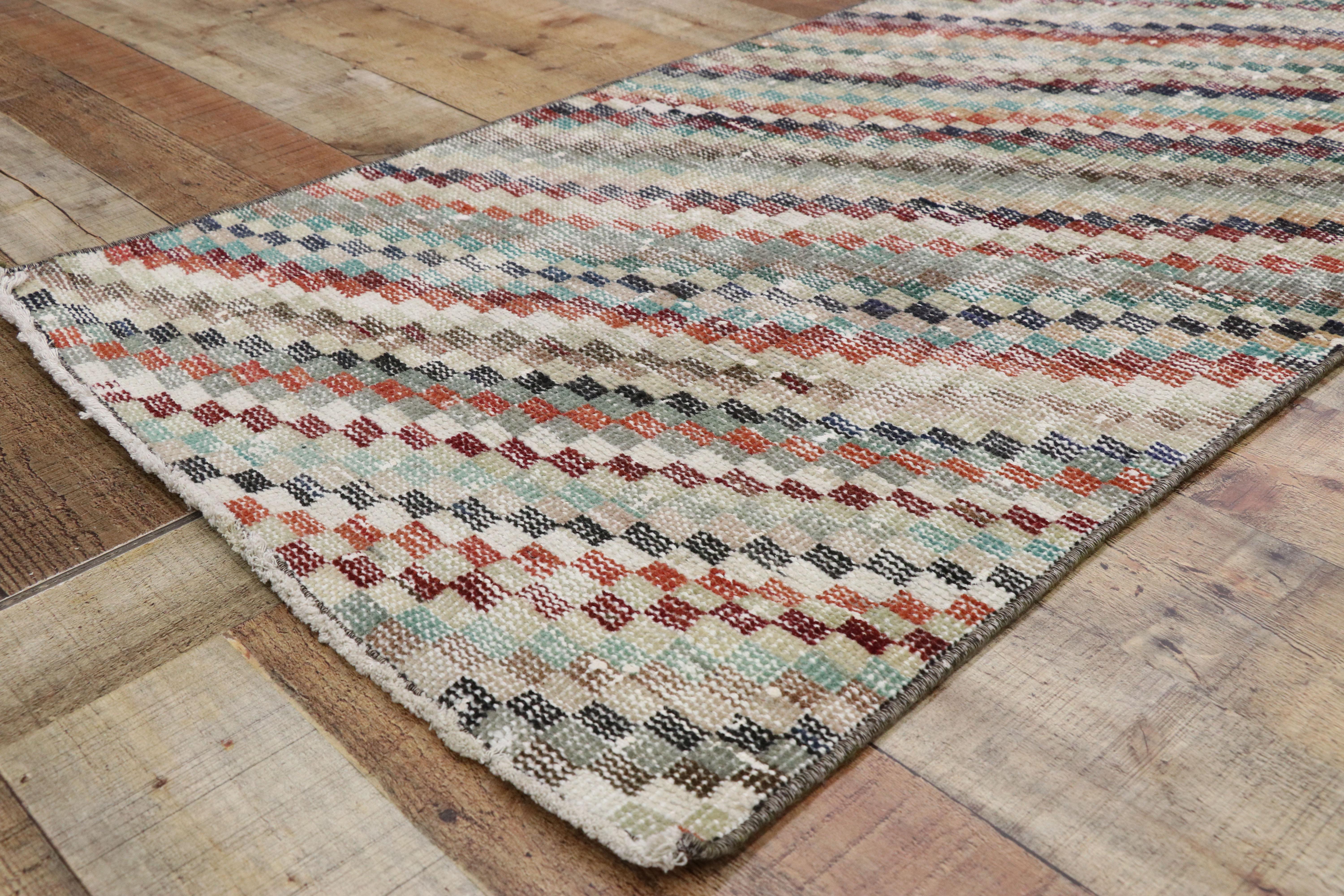 Wool Distressed Vintage Turkish Sivas Runner with Art Deco Style, Narrow Runner For Sale