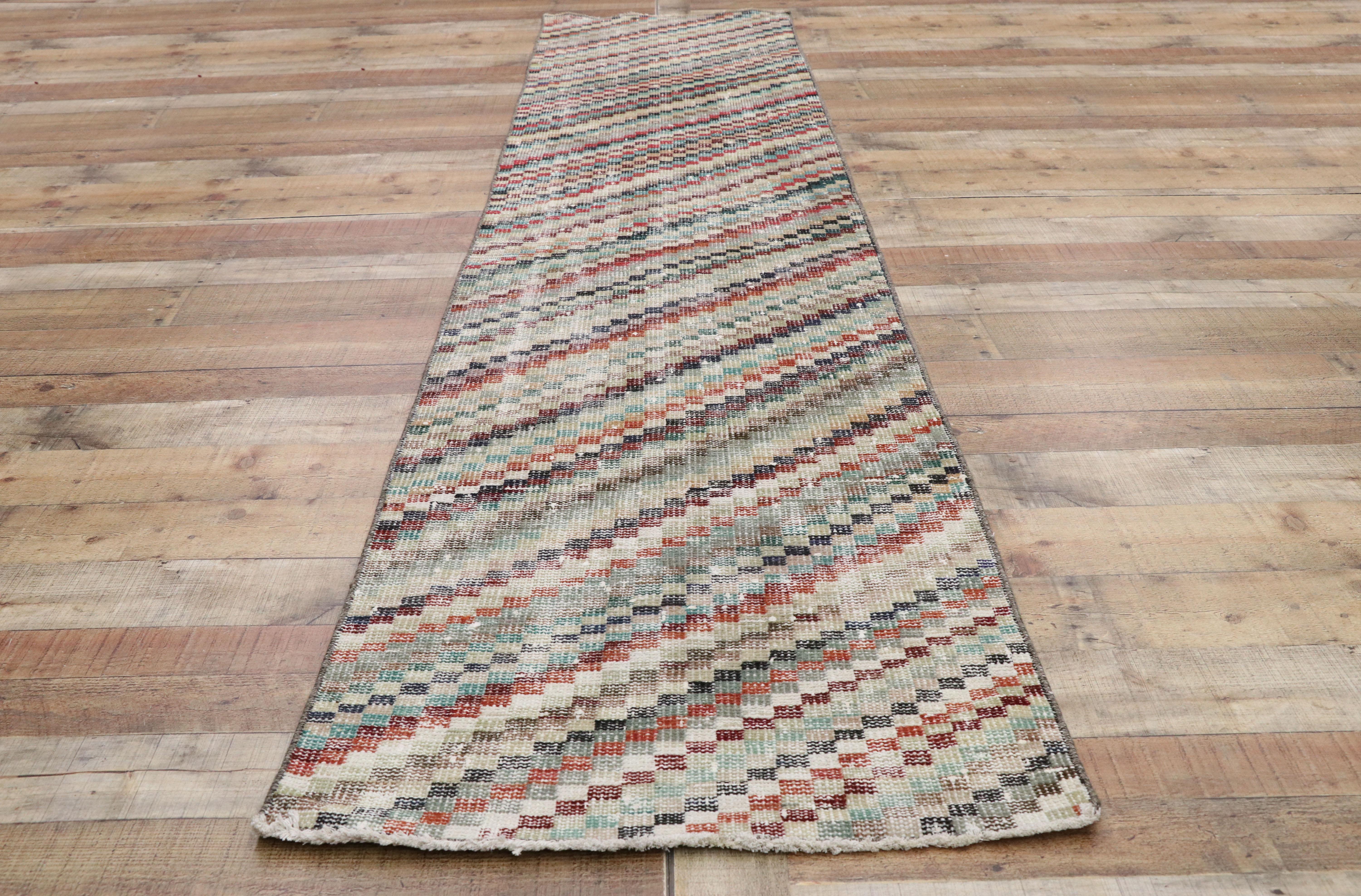 Distressed Vintage Turkish Sivas Runner with Art Deco Style, Narrow Runner For Sale 1