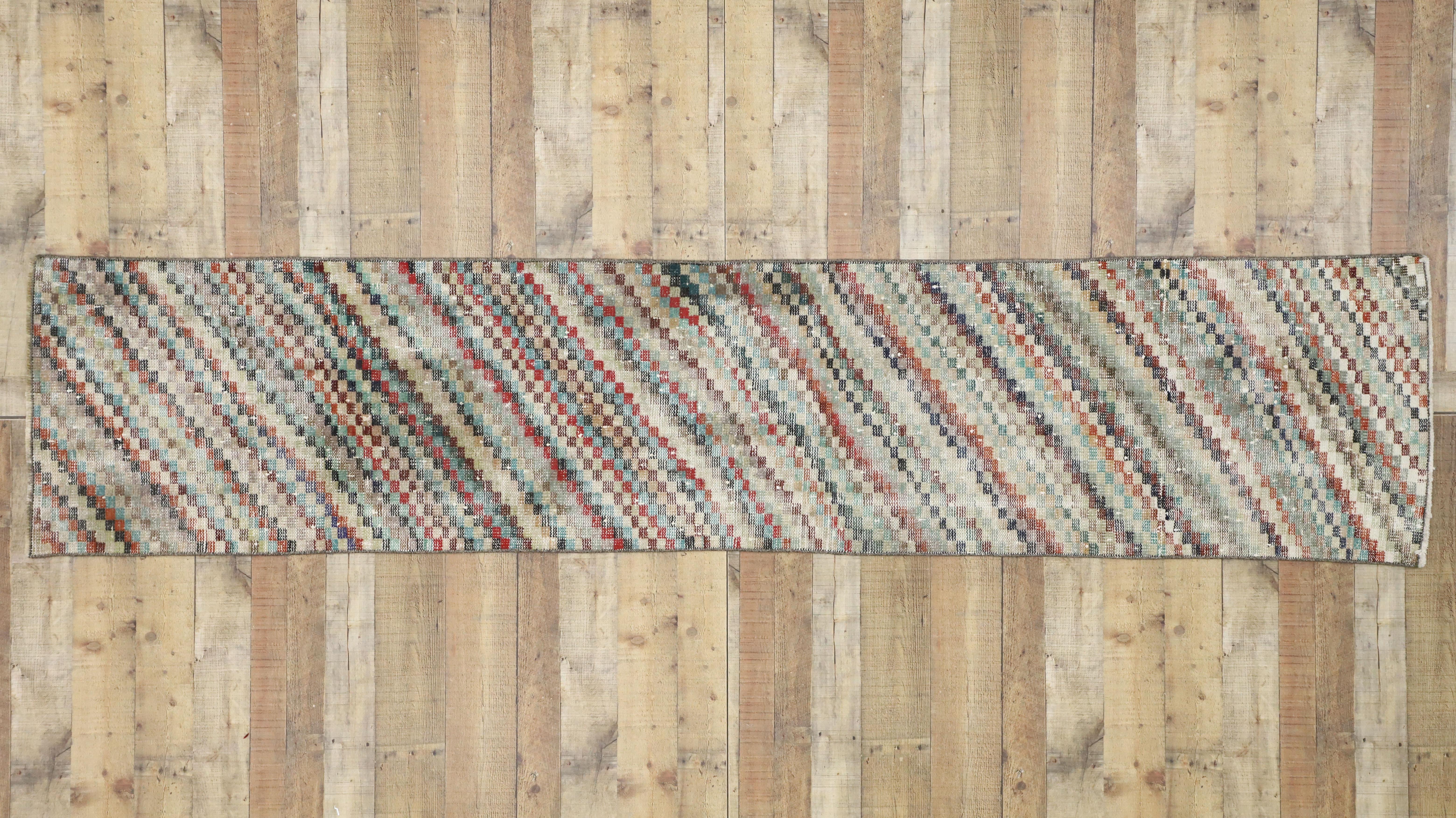 Distressed Vintage Turkish Sivas Runner with Art Deco Style, Narrow Runner For Sale 2