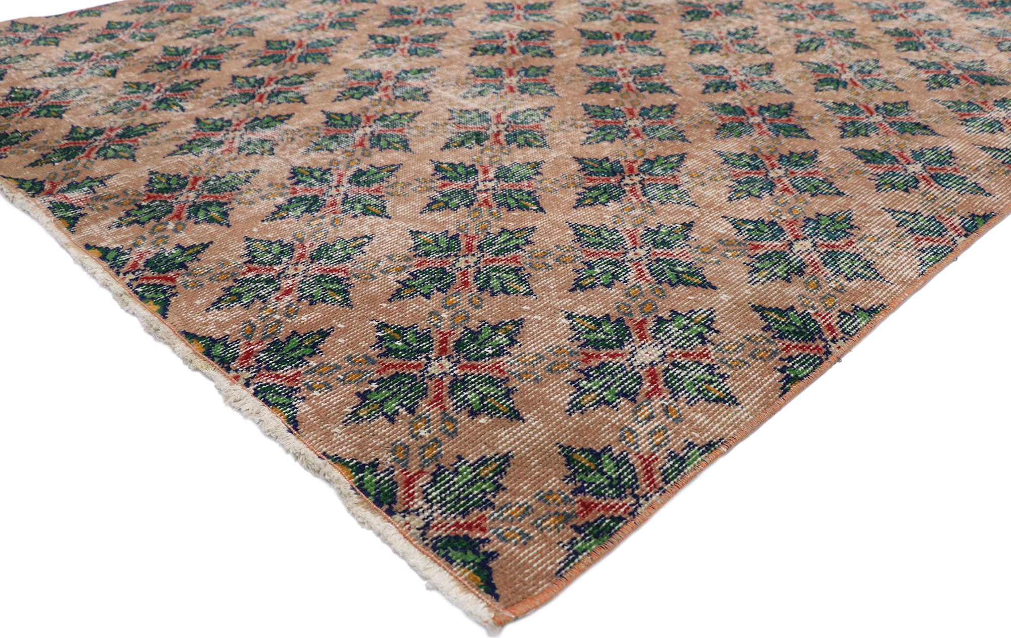 52596, Distressed Vintage Turkish Sivas Rug with Arts & Crafts Cottage Style 05'00 x 06'10 . Reflecting elements of nature and Biophilic design, this hand knotted wool distressed vintage Turkish Sivas rug awakens the soul with elevated Arts and