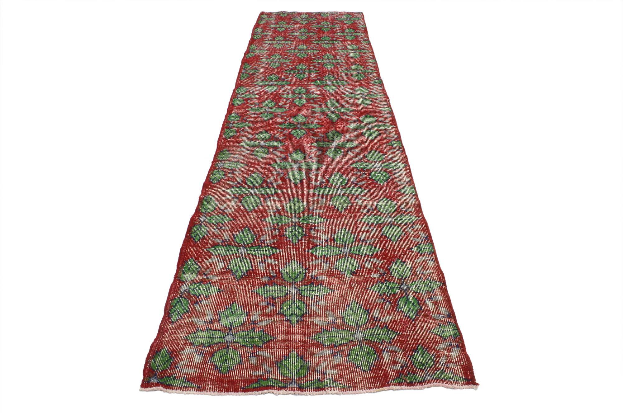 52021 Distressed Vintage Turkish Sivas Runner with Traditional English Tudor Cottage Style 02'09 x 11'03. Warm and inviting, this hand knotted wool distressed vintage Turkish Sivas runner awakens the soul with its understated elegance and
