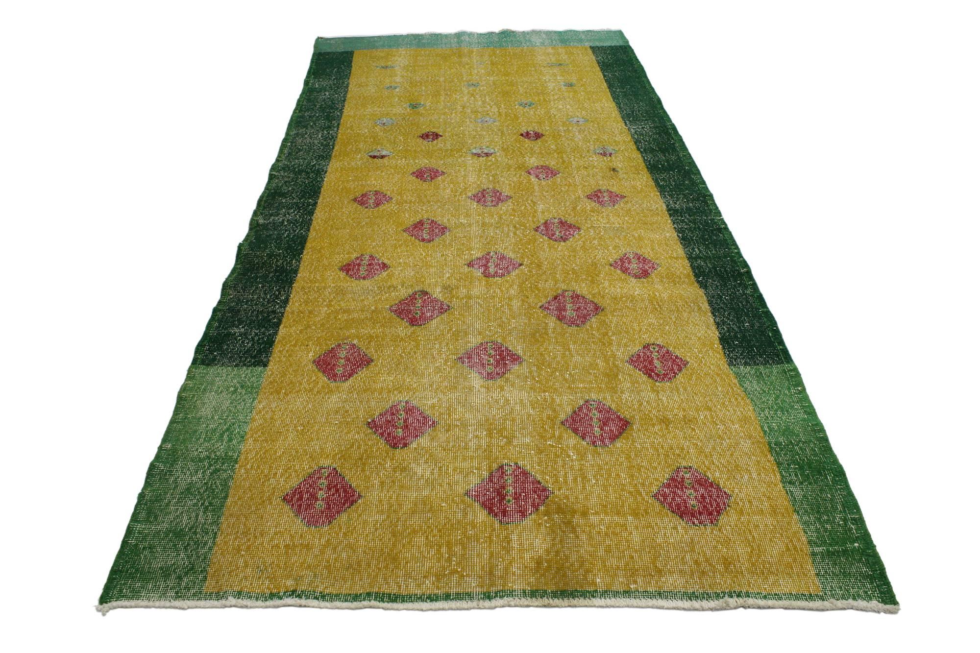 Distressed Vintage Turkish Sivas Runner with Industrial Art Deco Style In Distressed Condition For Sale In Dallas, TX
