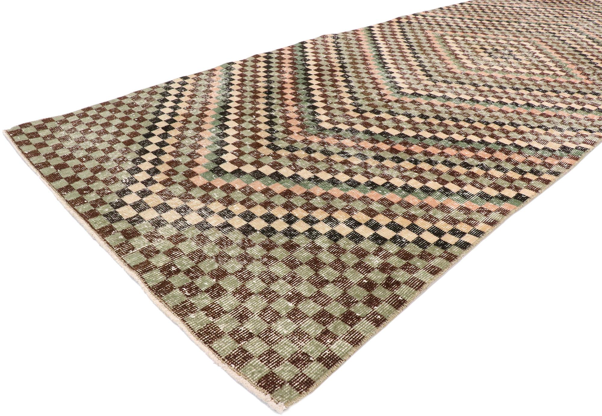 Hand-Knotted Distressed Vintage Turkish Sivas Runner with Mid-Century Modern Cubist Style