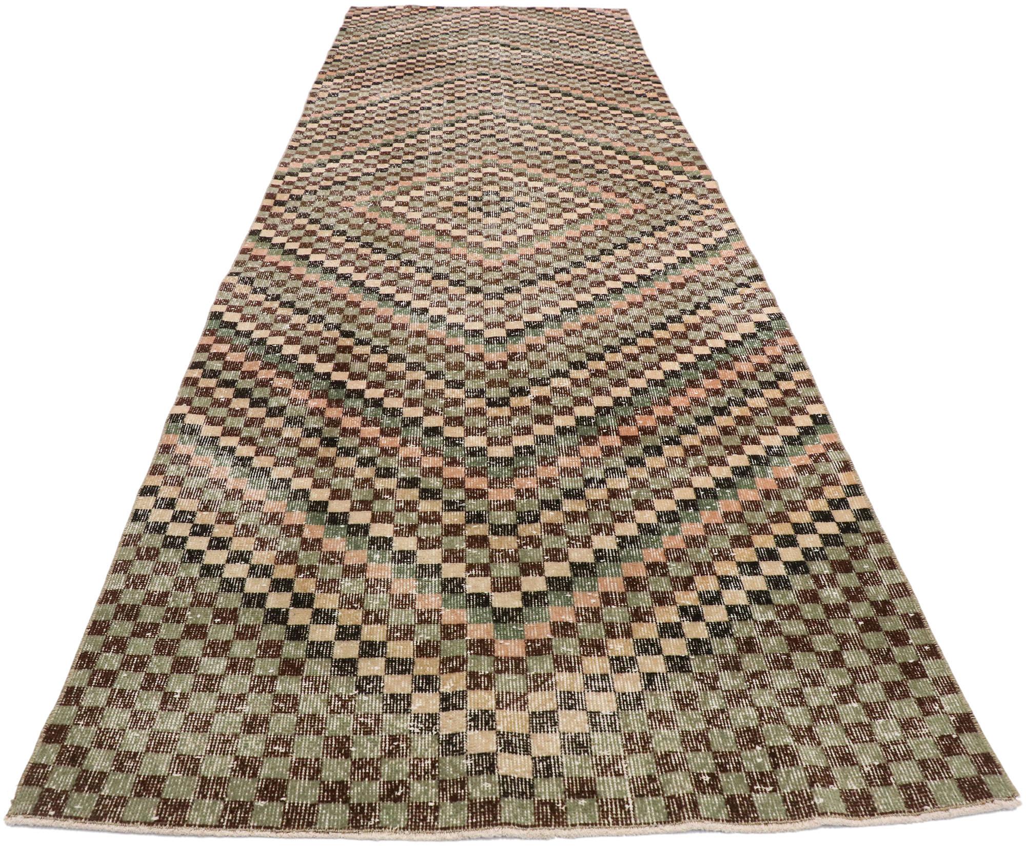 Distressed Vintage Turkish Sivas Runner with Mid-Century Modern Cubist Style In Distressed Condition In Dallas, TX