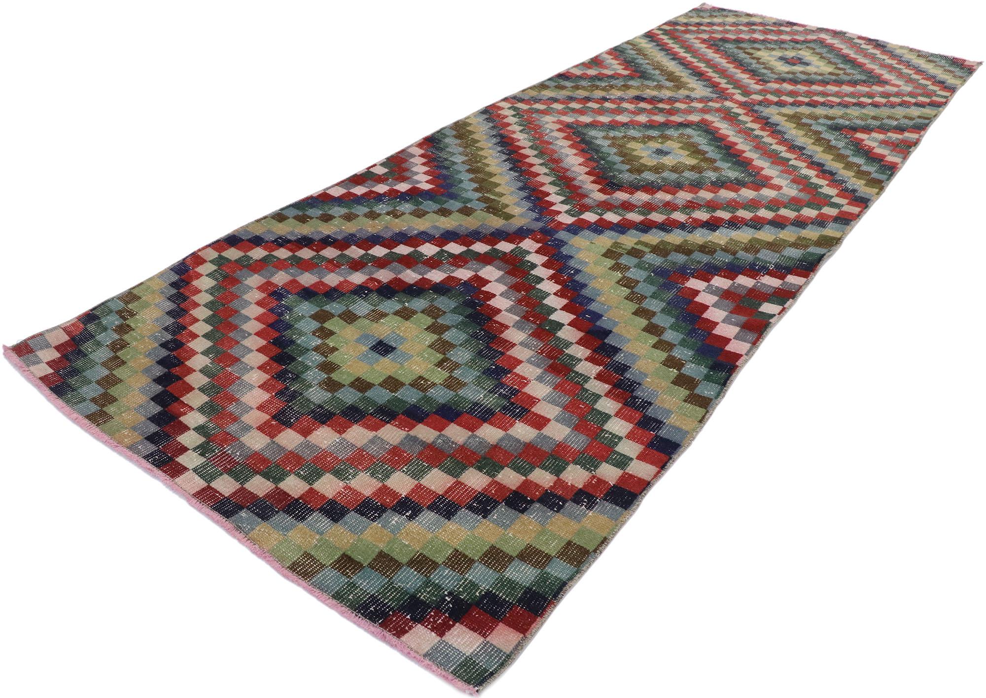 53304, distressed vintage Turkish Sivas runner with Mid-Century Modern rustic style. This hand knotted wool distressed vintage Turkish Sivas runner features an all-over checkered stacked diamond pattern comprised of rows of multicolored cubes. Each