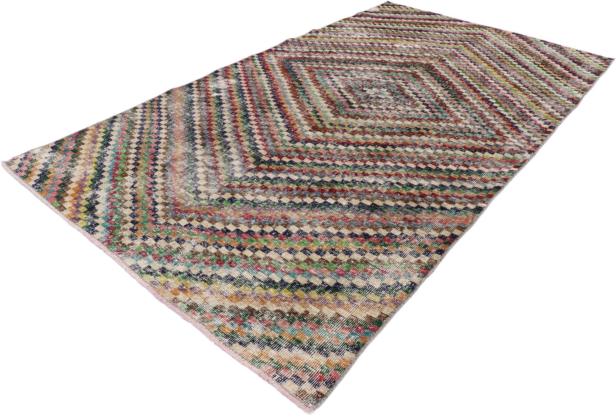 53309, distressed vintage Turkish Sivas runner with Mid-Century Modern rustic style. This hand knotted wool distressed vintage Turkish Sivas rug features an all-over checkered diamond pattern comprised of rows of multicolored cubes. Each row of
