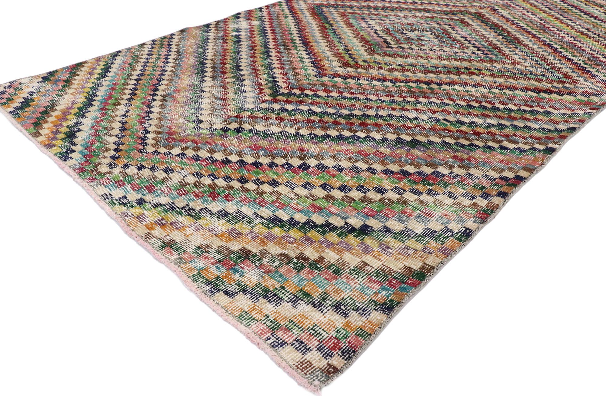 Hand-Knotted Distressed Vintage Turkish Sivas Runner with Mid-Century Modern Rustic Style For Sale