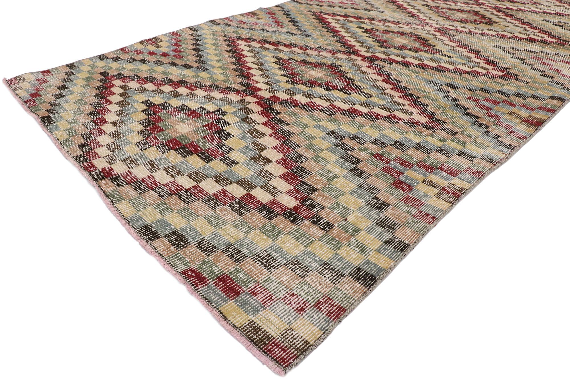 Hand-Knotted Distressed Vintage Turkish Sivas Runner with Mid-Century Modern Rustic Style For Sale