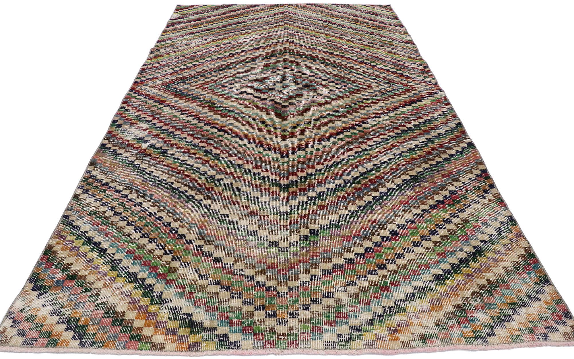 Distressed Vintage Turkish Sivas Runner with Mid-Century Modern Rustic Style In Distressed Condition For Sale In Dallas, TX