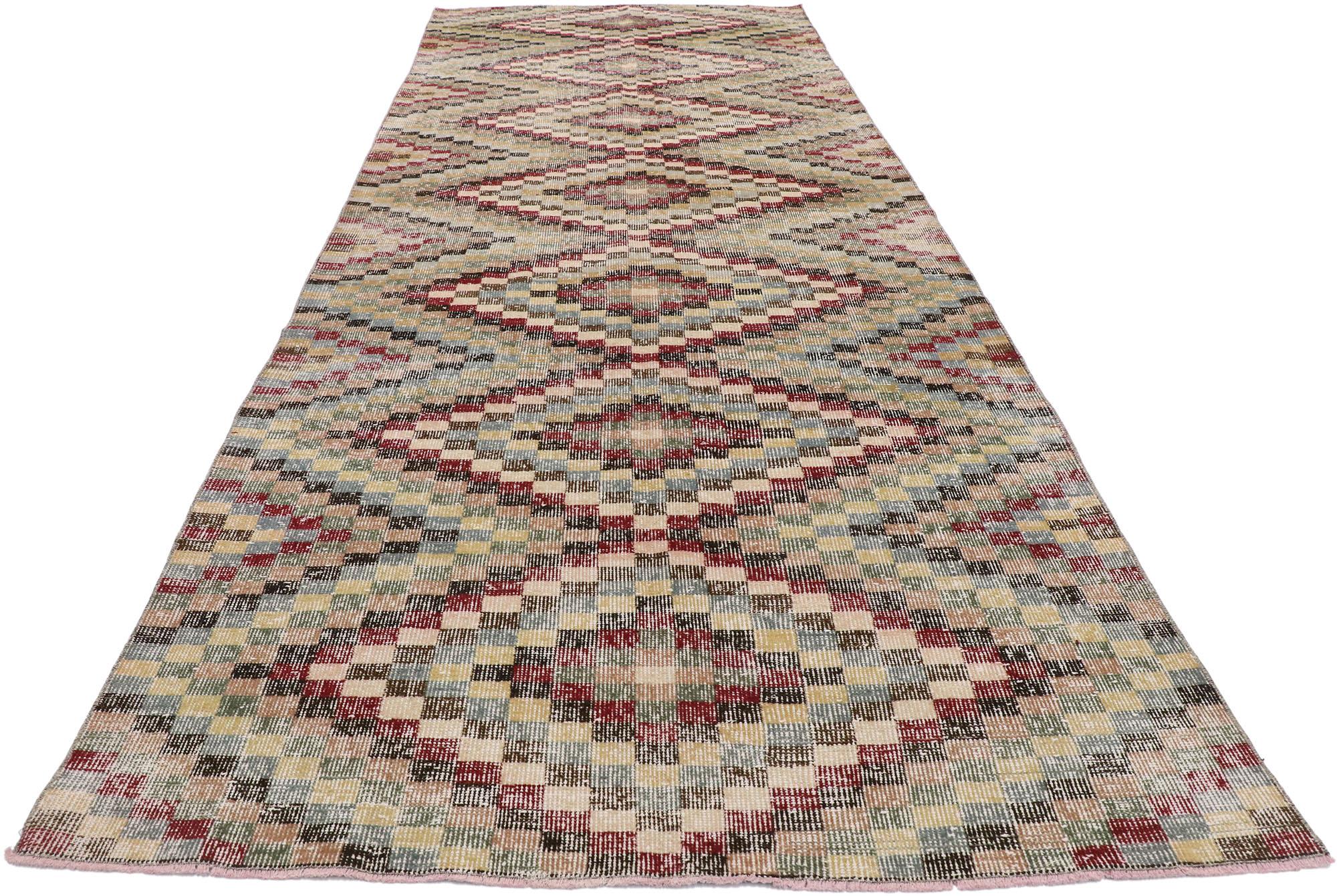 Distressed Vintage Turkish Sivas Runner with Mid-Century Modern Rustic Style In Distressed Condition For Sale In Dallas, TX
