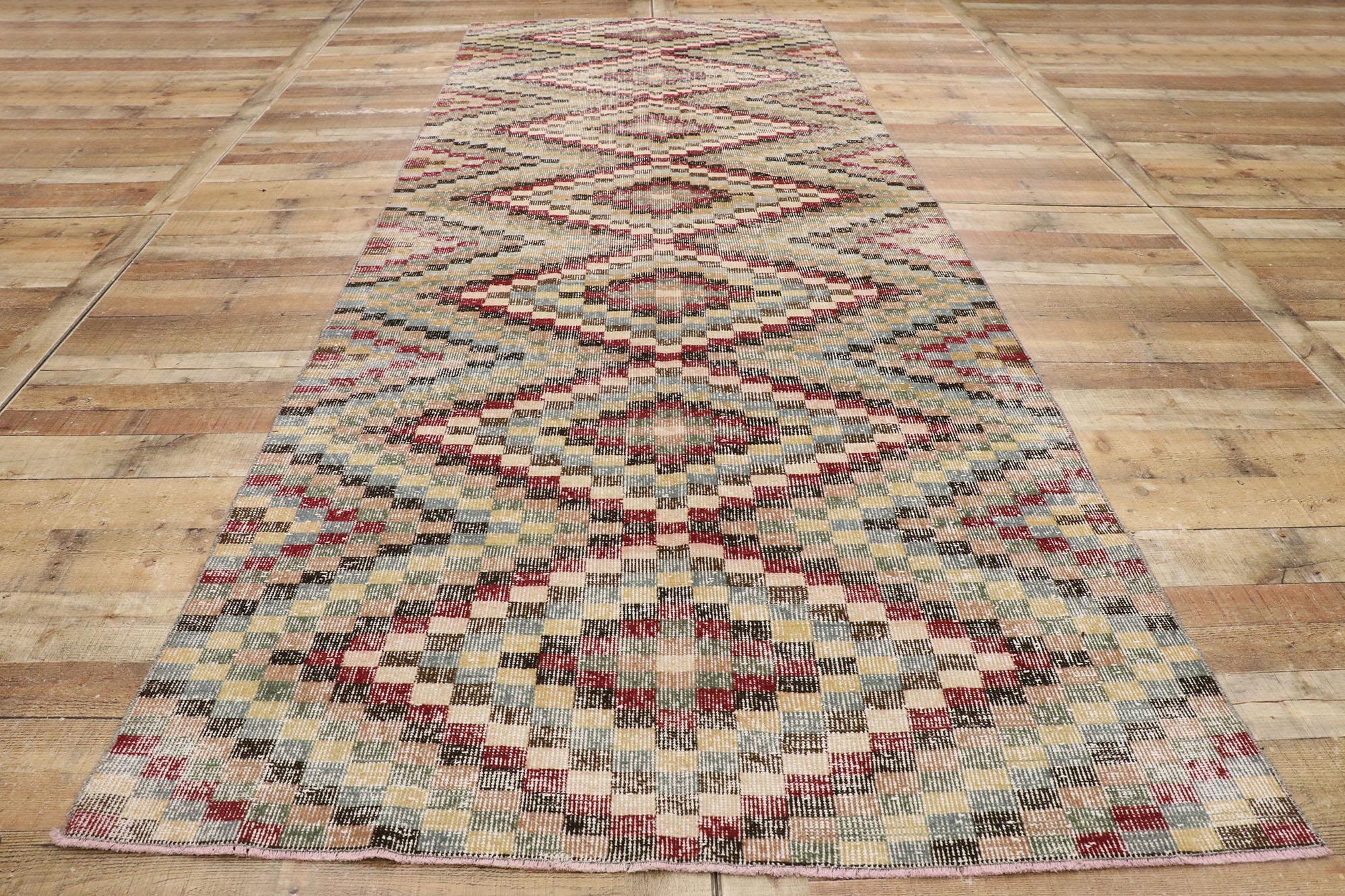 Distressed Vintage Turkish Sivas Runner with Mid-Century Modern Rustic Style For Sale 2