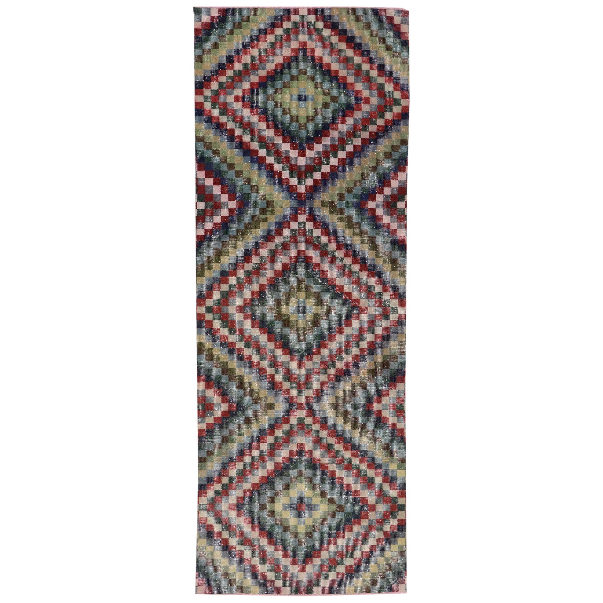 Distressed Vintage Turkish Sivas Runner with Mid-Century Modern Rustic Style For Sale