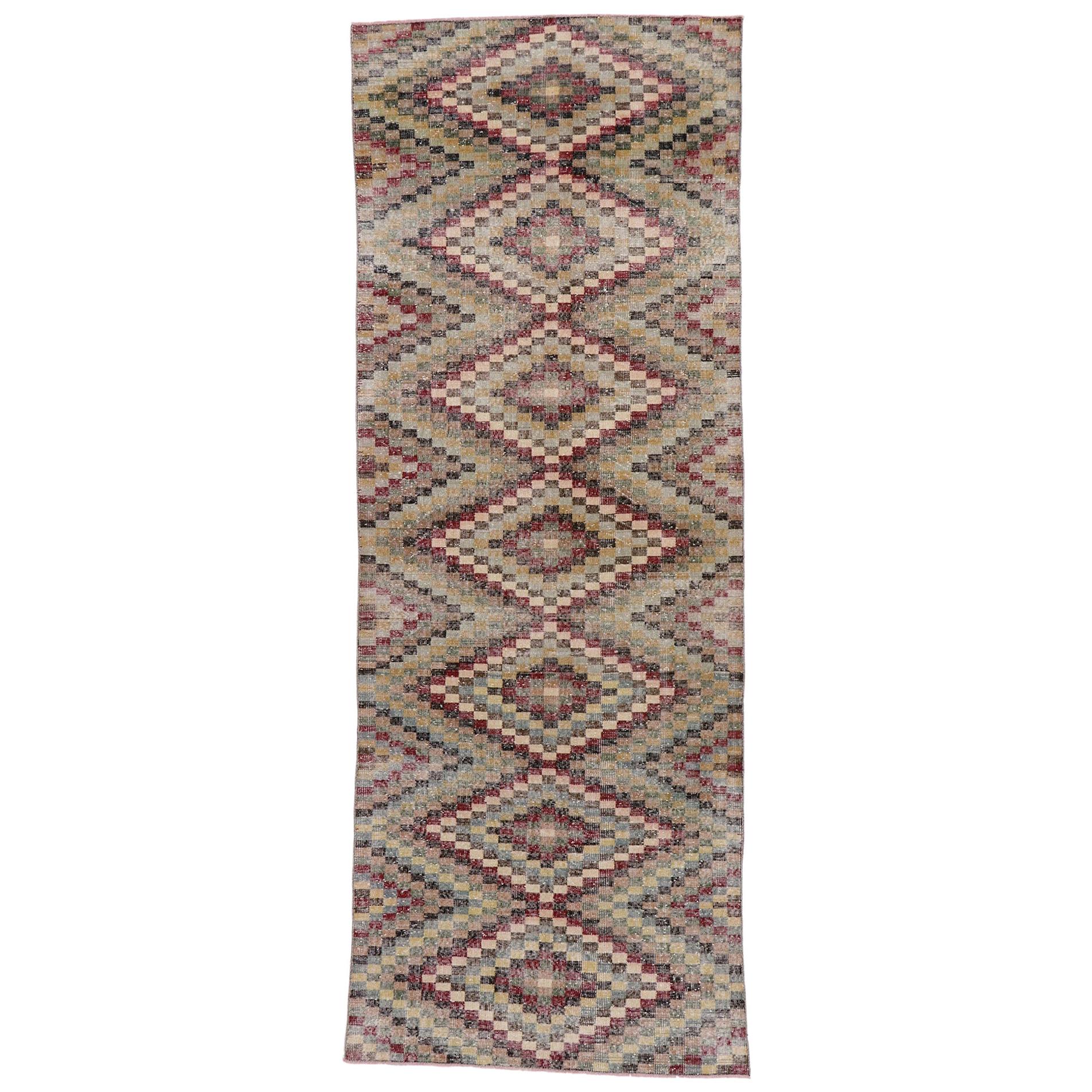 Distressed Vintage Turkish Sivas Runner with Mid-Century Modern Rustic Style For Sale