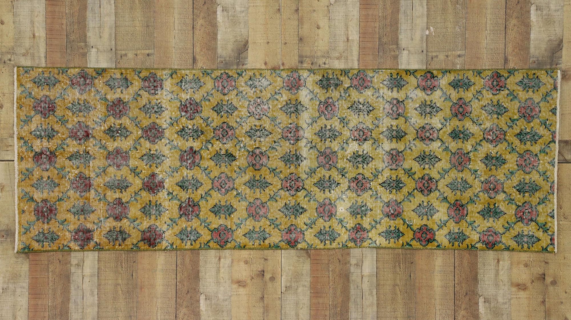 Distressed Vintage Turkish Sivas Runner with Rustic French Country Style In Distressed Condition For Sale In Dallas, TX