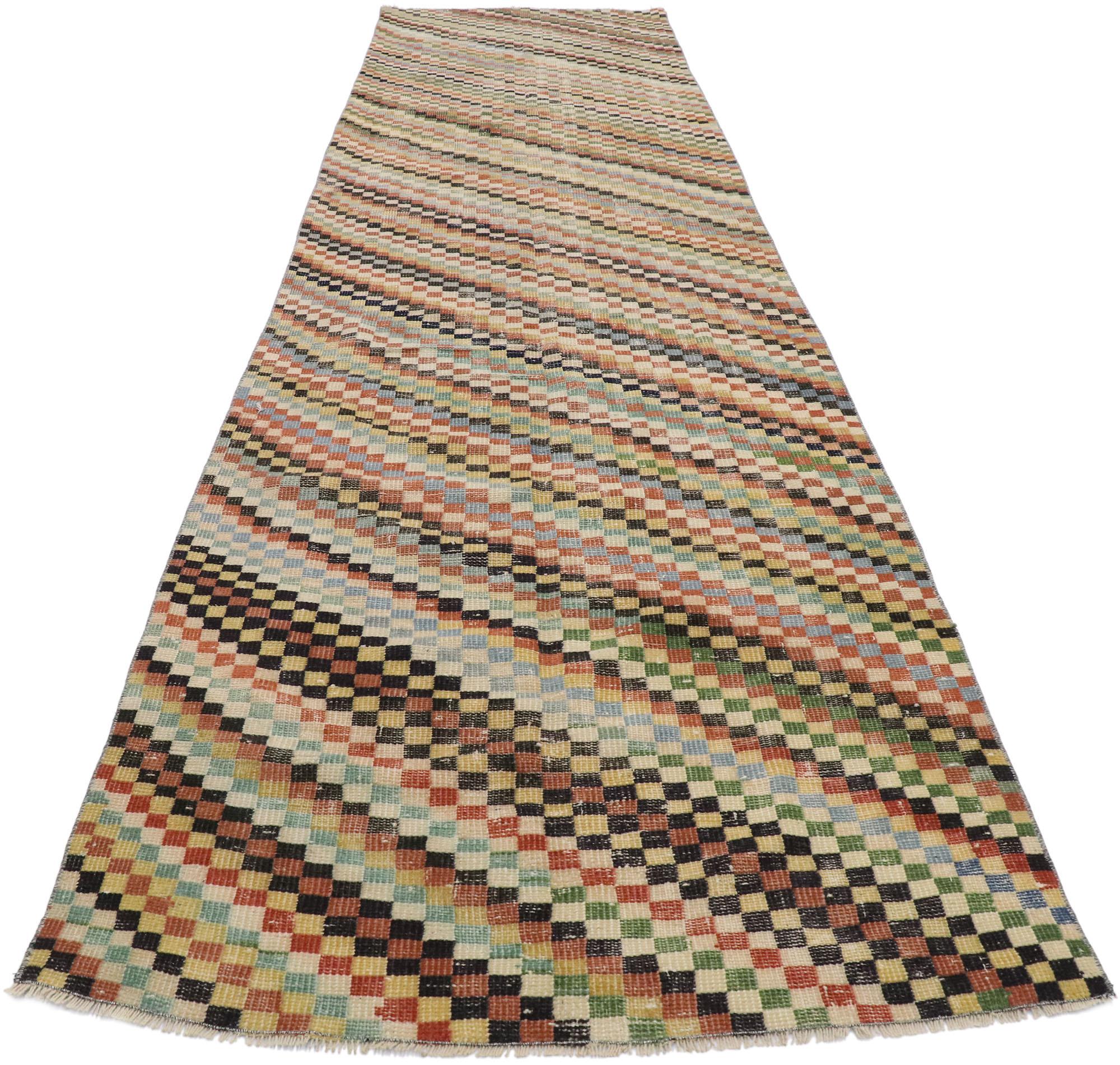 Distressed Vintage Turkish Sivas Runner with Rustic Cubist Style In Distressed Condition For Sale In Dallas, TX