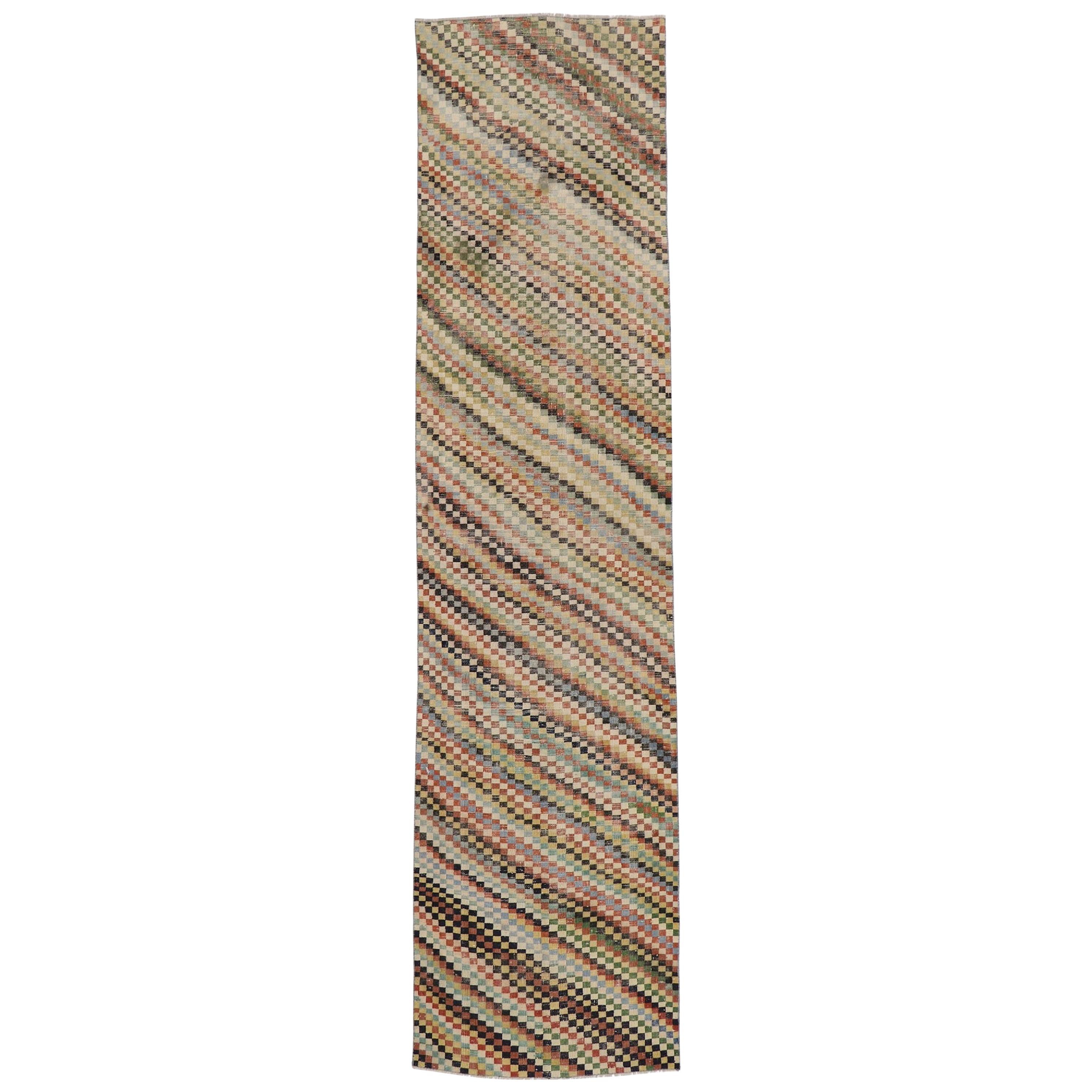 Distressed Vintage Turkish Sivas Runner with Rustic Cubist Style