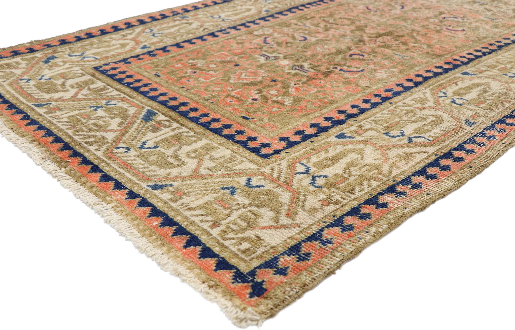 52548 Distressed Vintage Turkish Sivas Runner with Rustic Pacific Northwest Style 03'06 x 13'01. This hand knotted wool distressed vintage Turkish Sivas runner features an all-over Herati pattern spread across an abrashed field. The classic Herati
