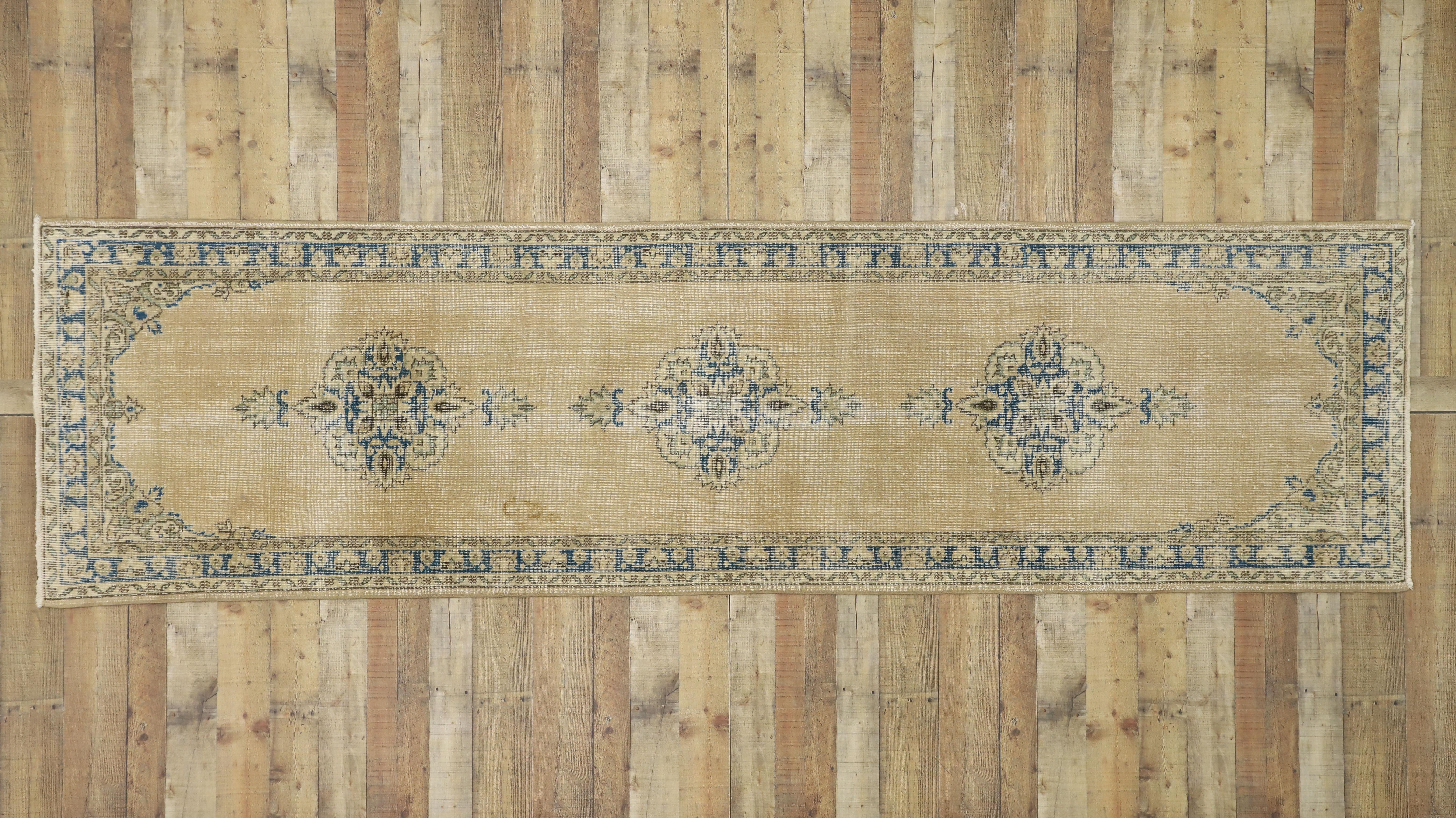 Distressed Vintage Turkish Sivas Runner with Gustavian Farmhouse Style For Sale 3