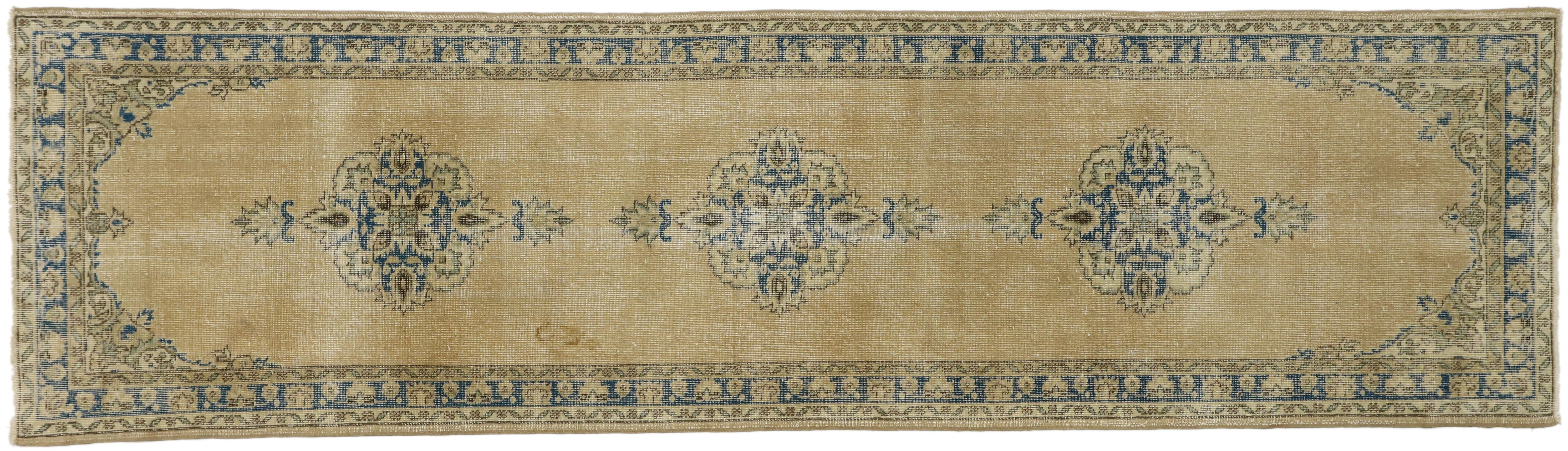 Distressed Vintage Turkish Sivas Runner with Gustavian Farmhouse Style For Sale 4
