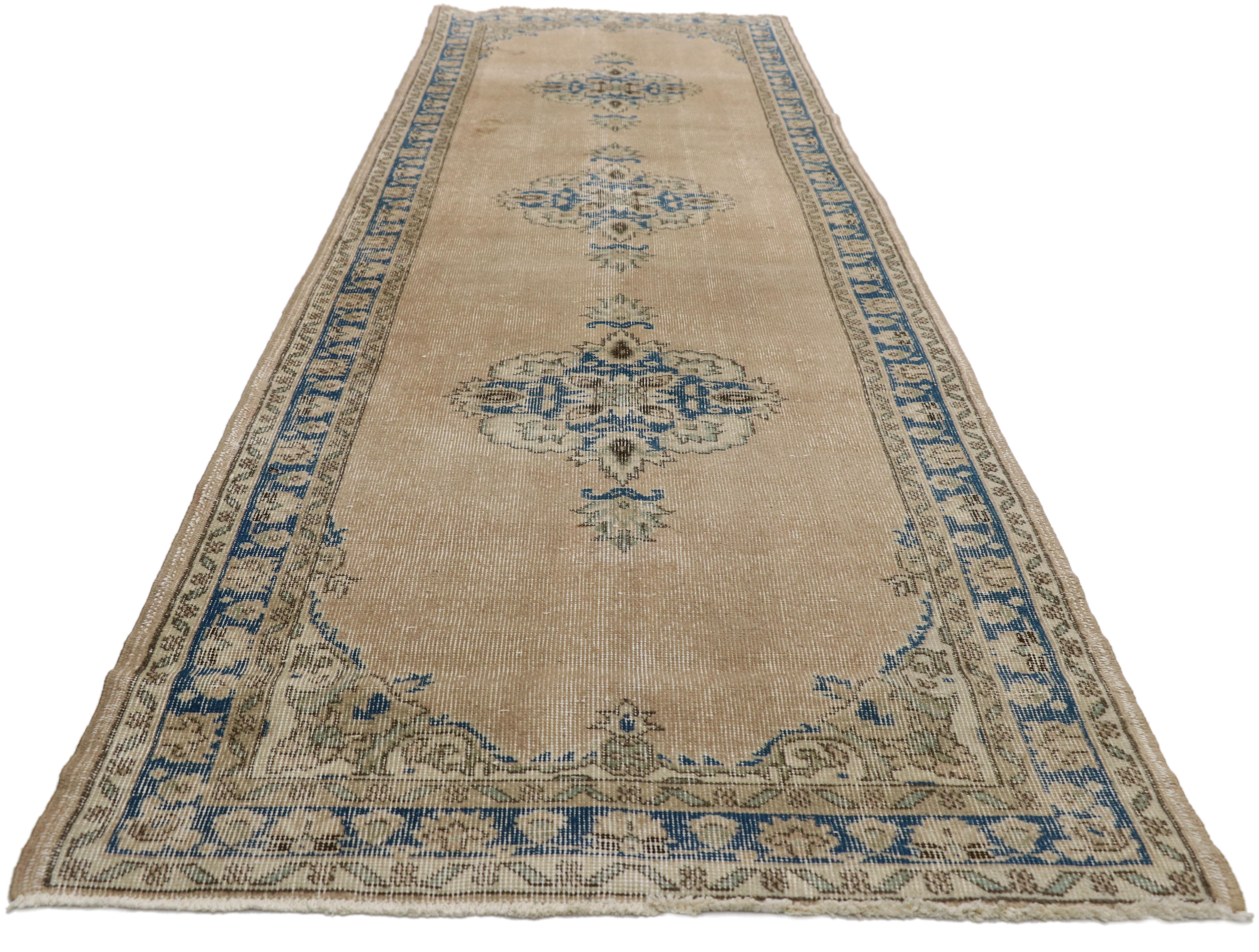Distressed Vintage Turkish Sivas Runner with Gustavian Farmhouse Style For Sale 2
