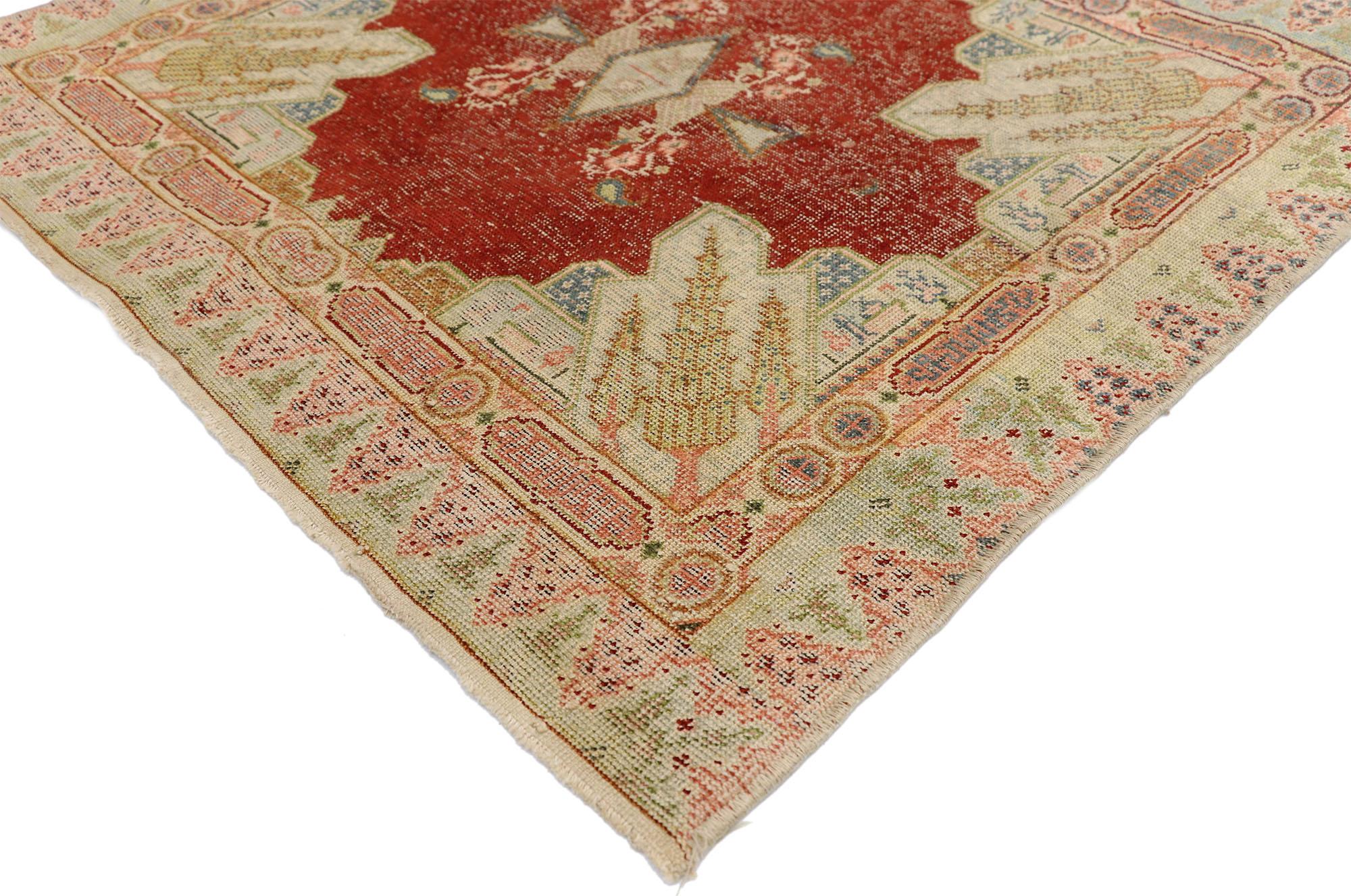 52585, distressed vintage Turkish Sivas silk rug with Romantic French Art Deco style. The Deco style shapes, modern linear elements, and romantic French vibes is what sets this hand knotted silk distressed Turkish Sivas accent rug apart from others.