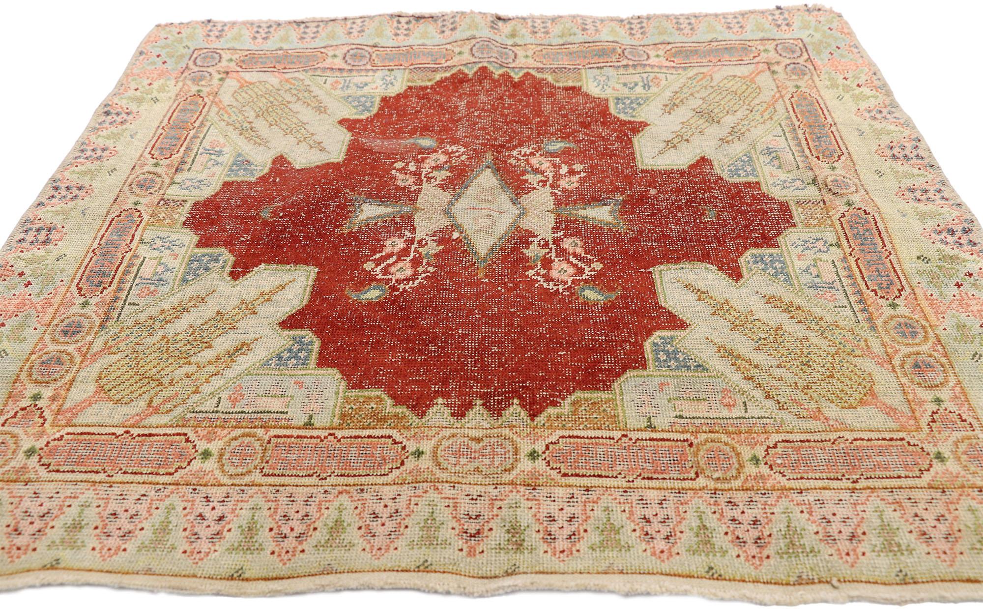 Hand-Knotted Distressed Vintage Turkish Sivas Silk Rug with Romantic French Art Deco Style For Sale