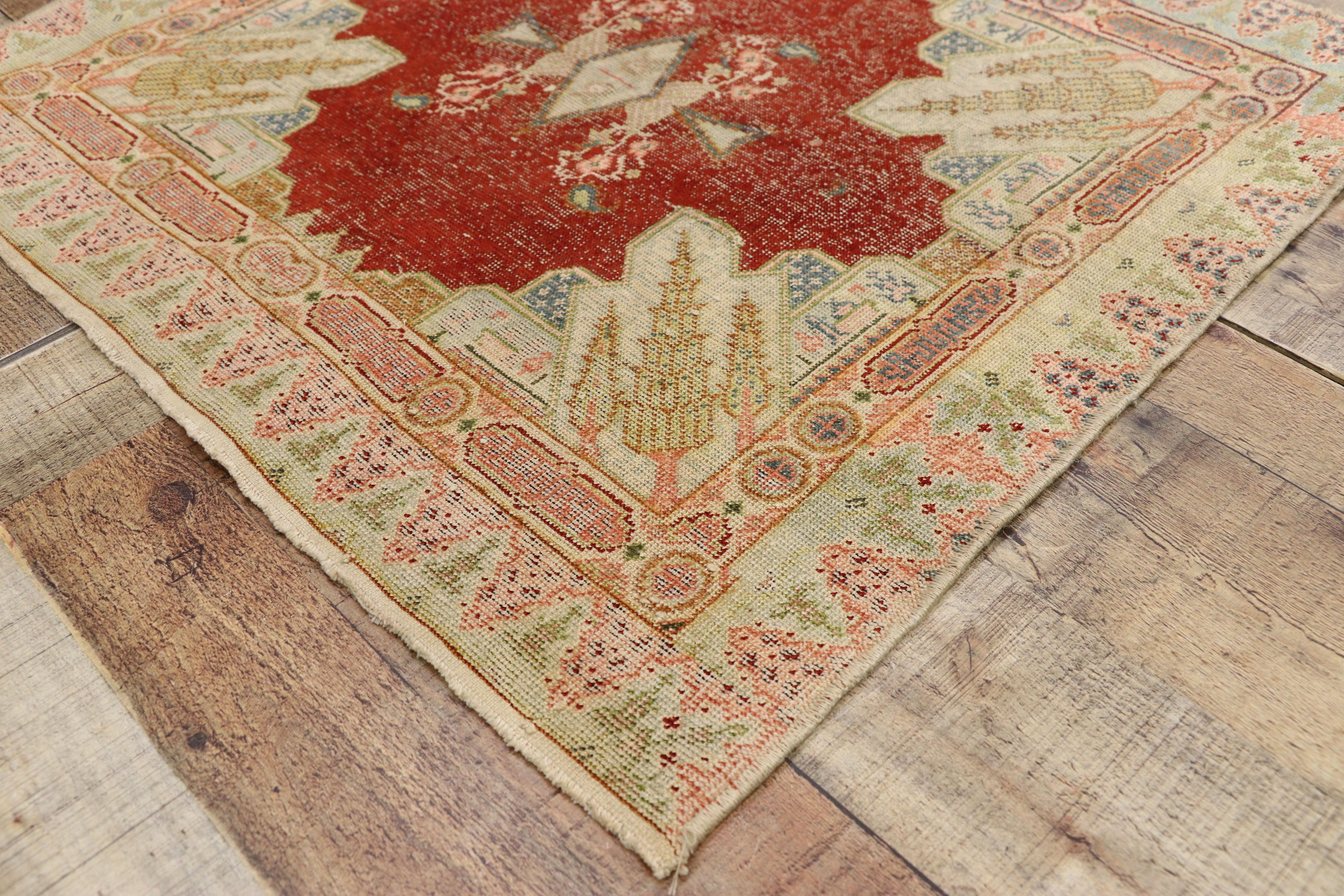 Distressed Vintage Turkish Sivas Silk Rug with Romantic French Art Deco Style For Sale 1