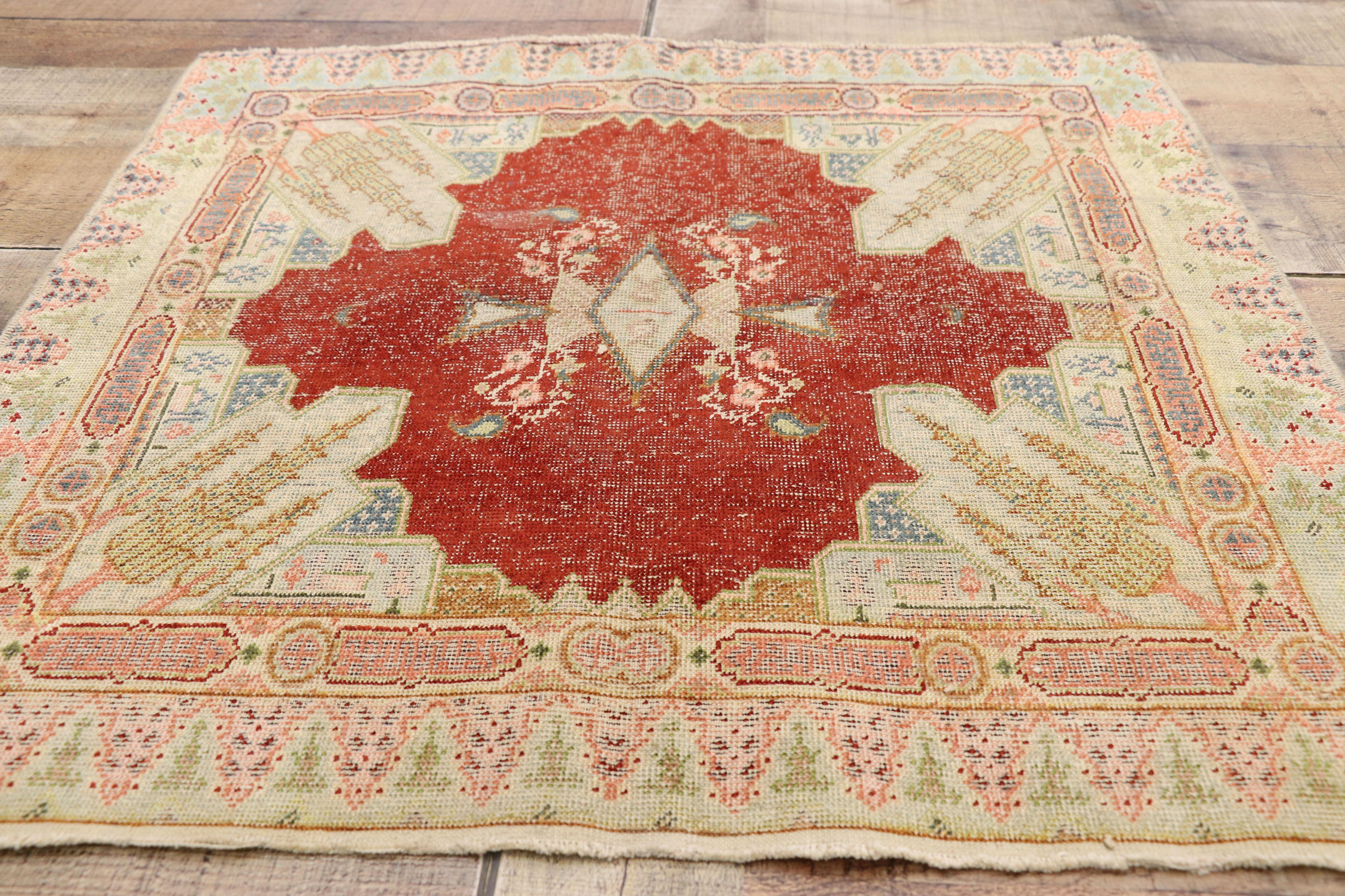 Distressed Vintage Turkish Sivas Silk Rug with Romantic French Art Deco Style For Sale 2