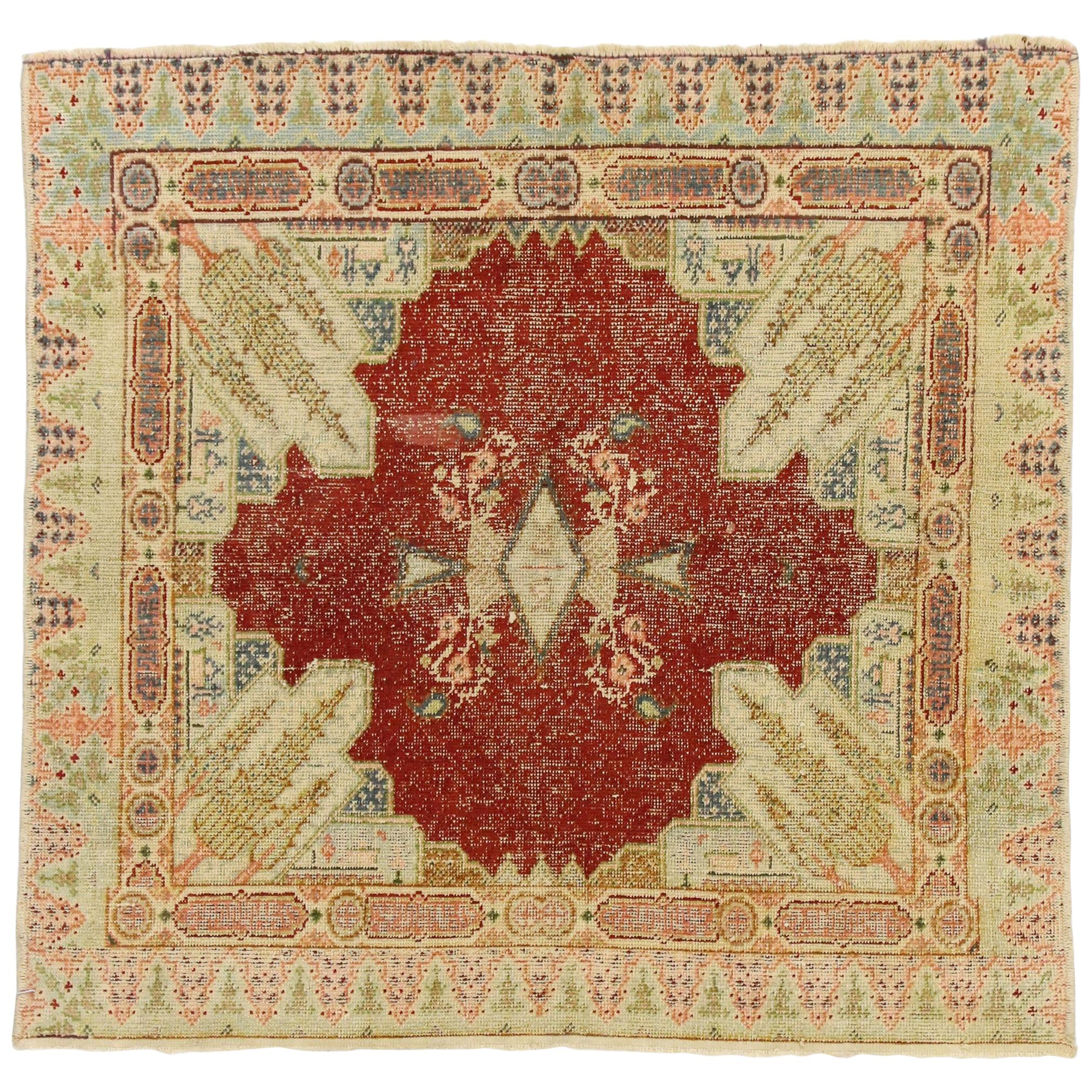 Distressed Vintage Turkish Sivas Silk Rug with Romantic French Art Deco Style For Sale