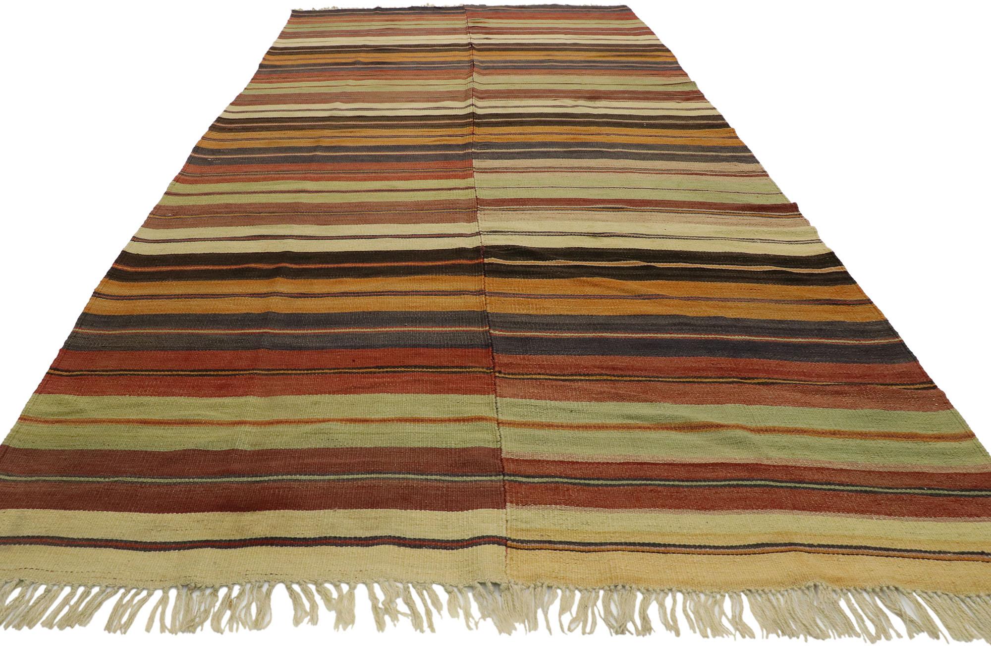Hand-Woven Distressed Vintage Turkish Striped Kilim Rug with Modern Rustic Cabin Style