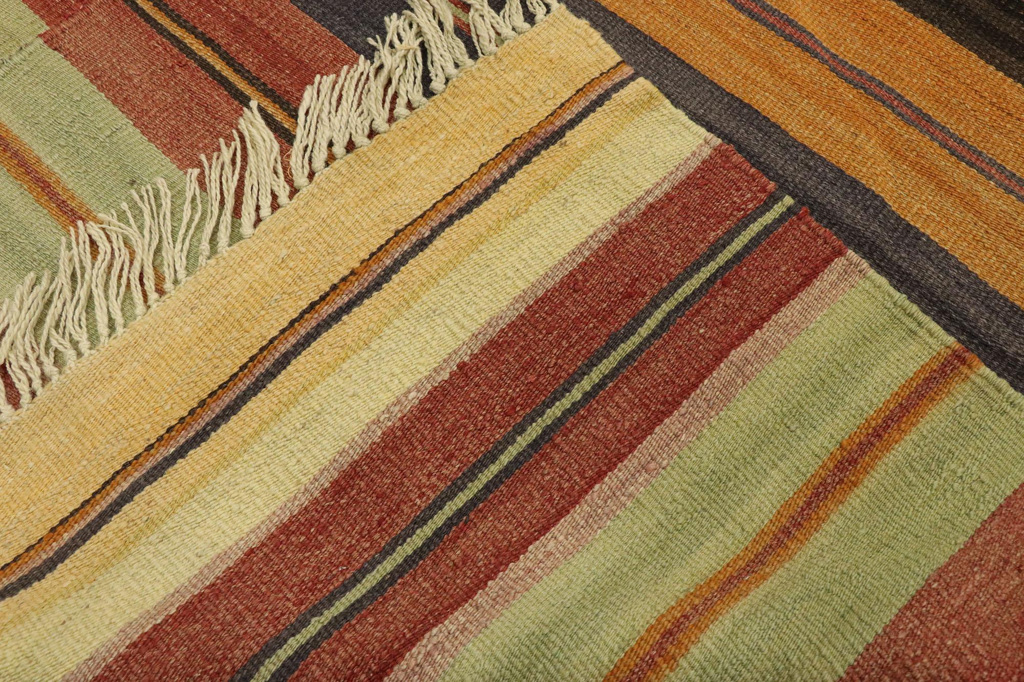 20th Century Distressed Vintage Turkish Striped Kilim Rug with Modern Rustic Cabin Style