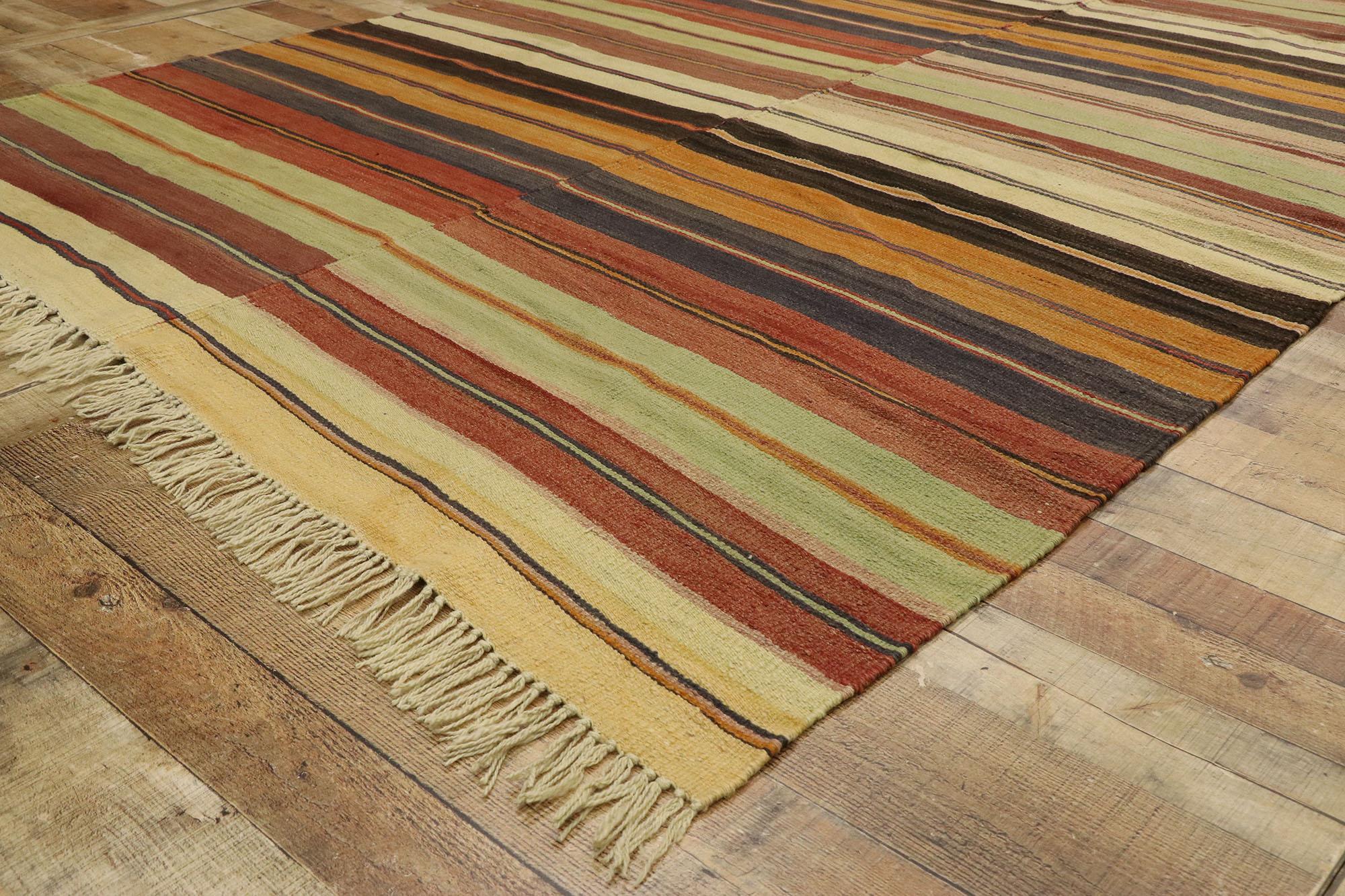 Distressed Vintage Turkish Striped Kilim Rug with Modern Rustic Cabin Style 1