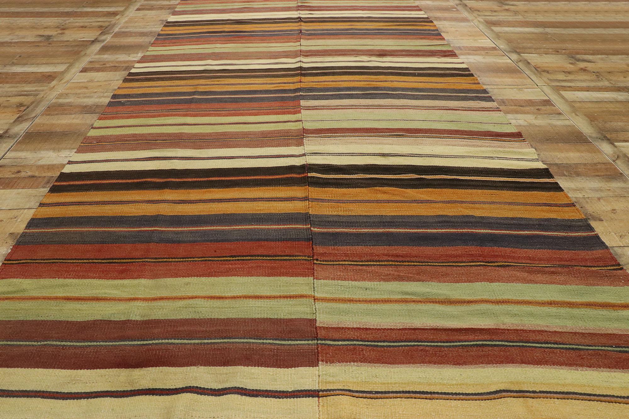 Distressed Vintage Turkish Striped Kilim Rug with Modern Rustic Cabin Style 2