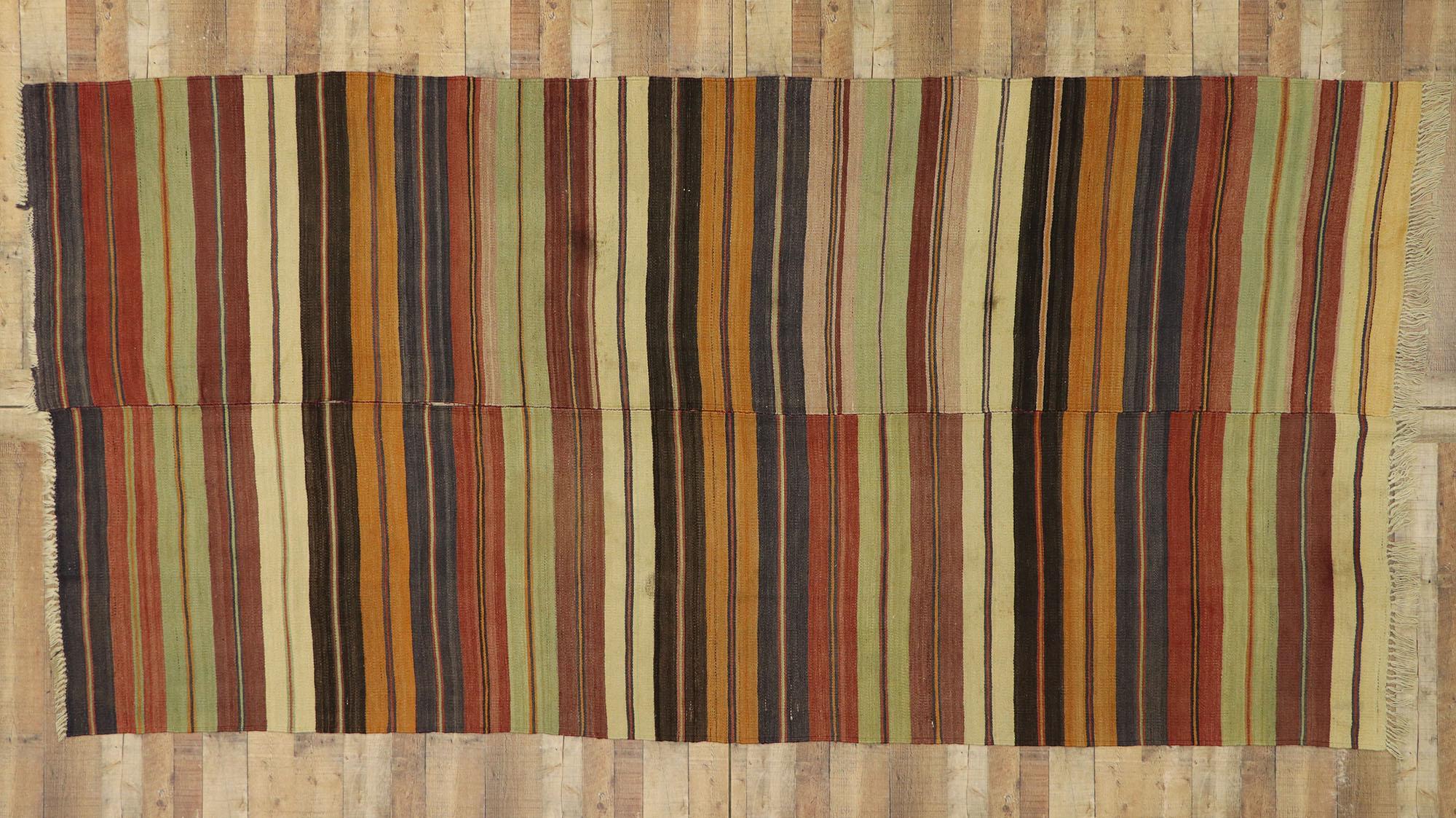 Distressed Vintage Turkish Striped Kilim Rug with Modern Rustic Cabin Style 3