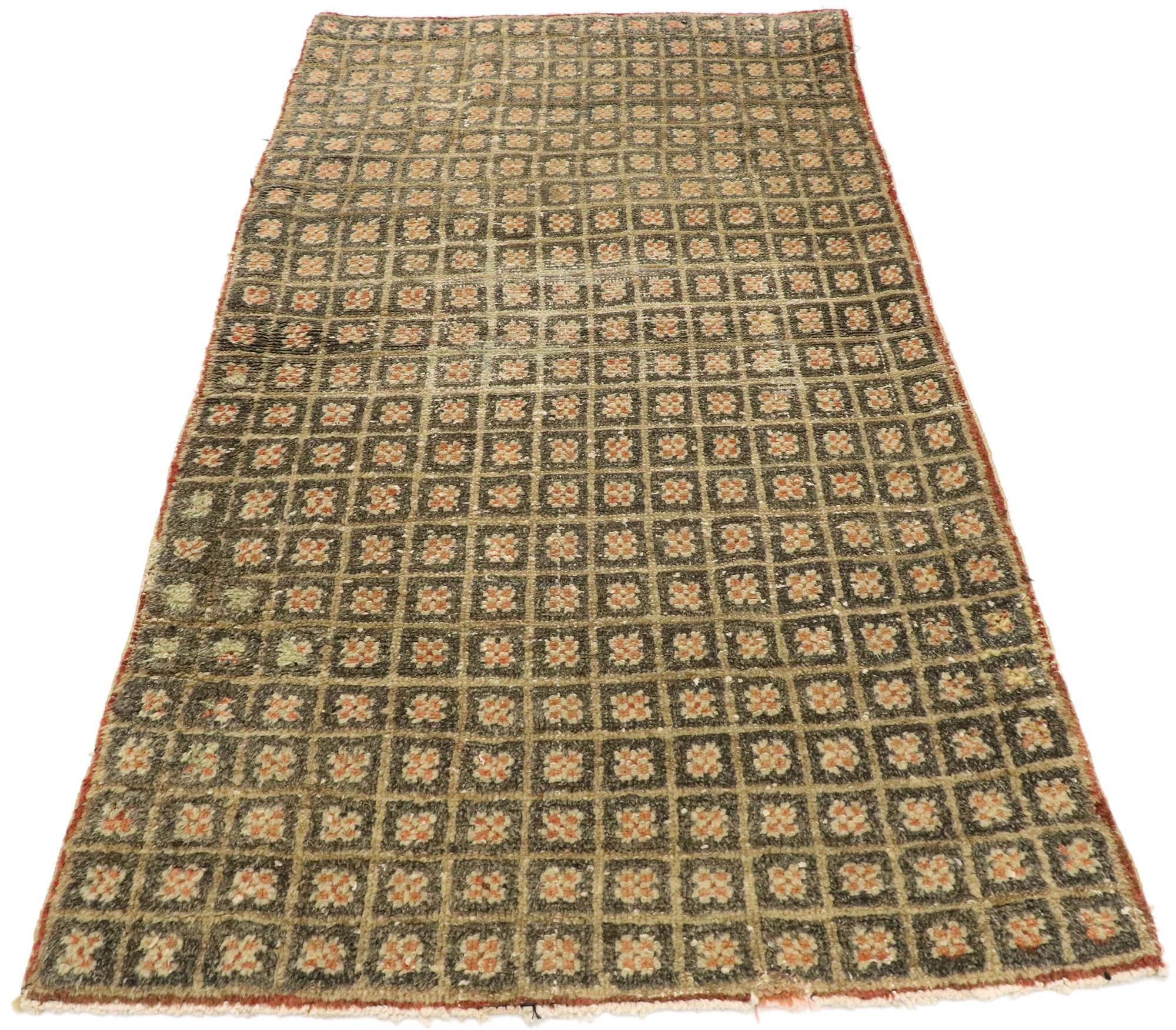 Hand-Knotted Distressed Vintage Turkish Tulu Accent Rug with Mid-Century Modern Cubist Style For Sale
