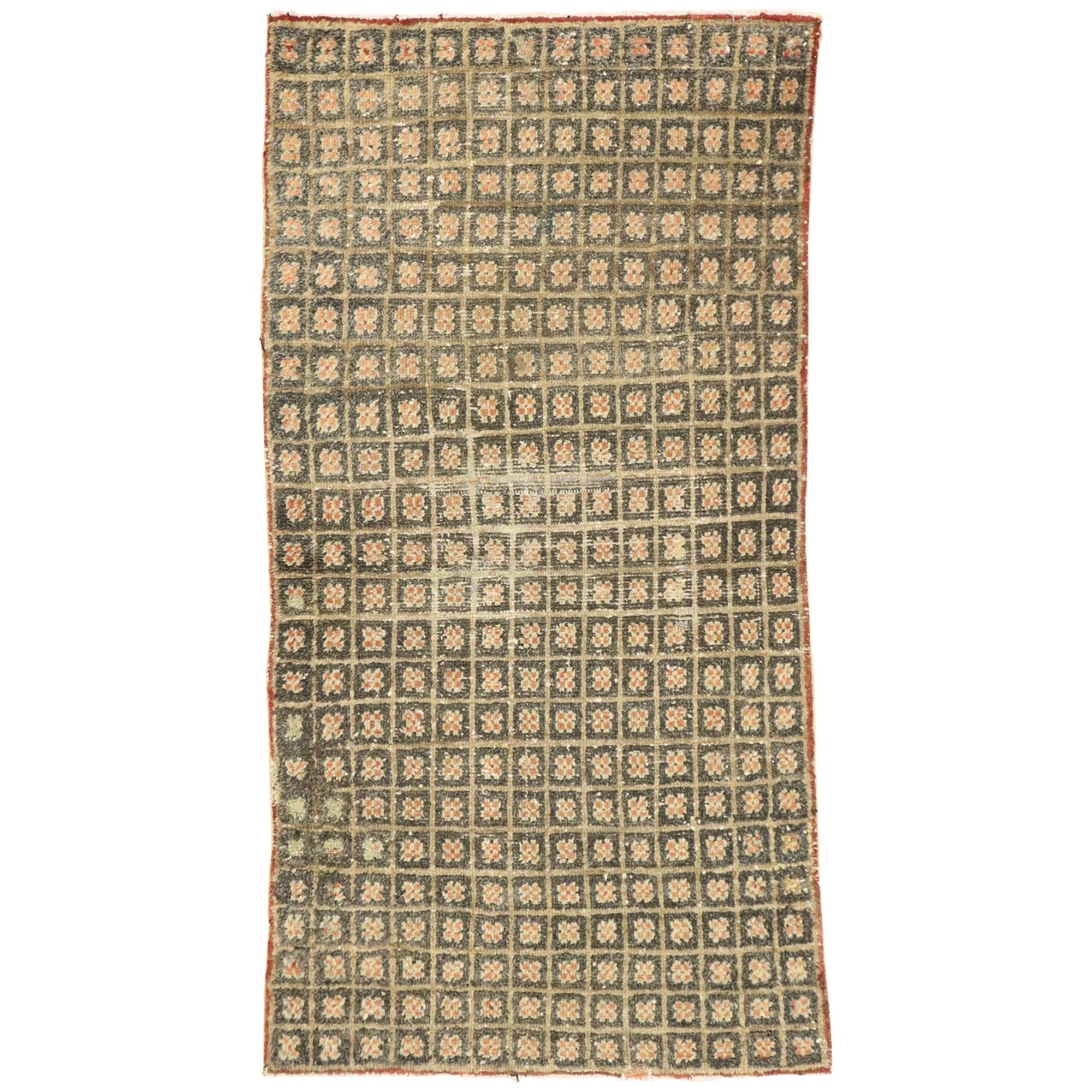 Distressed Vintage Turkish Tulu Accent Rug with Mid-Century Modern Cubist Style For Sale