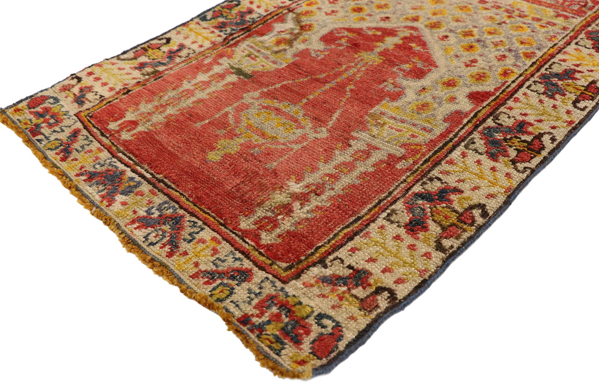51059 distressed vintage Turkish Oushak Prayer rug with Modern Rustic style, Yastik Scatter rug. From casual elegance to fresh and formal, relish the refinement as this vintage Turkish Oushak Prayer rug with modern style in soft colors features two