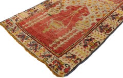 Distressed Vintage Turkish Yastik Oushak Rug, Turkish Prayer Rug
