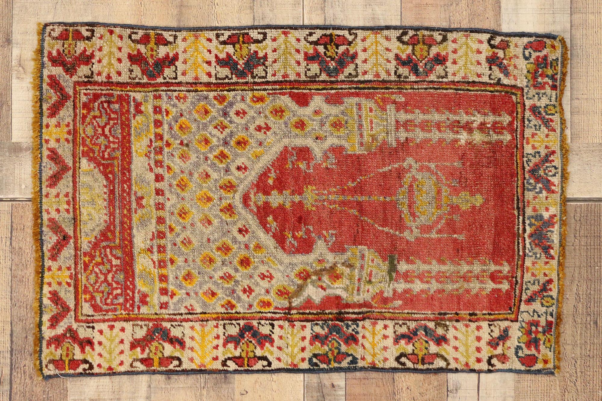 Distressed Vintage Turkish Yastik Oushak Rug, Turkish Prayer Rug For Sale 1