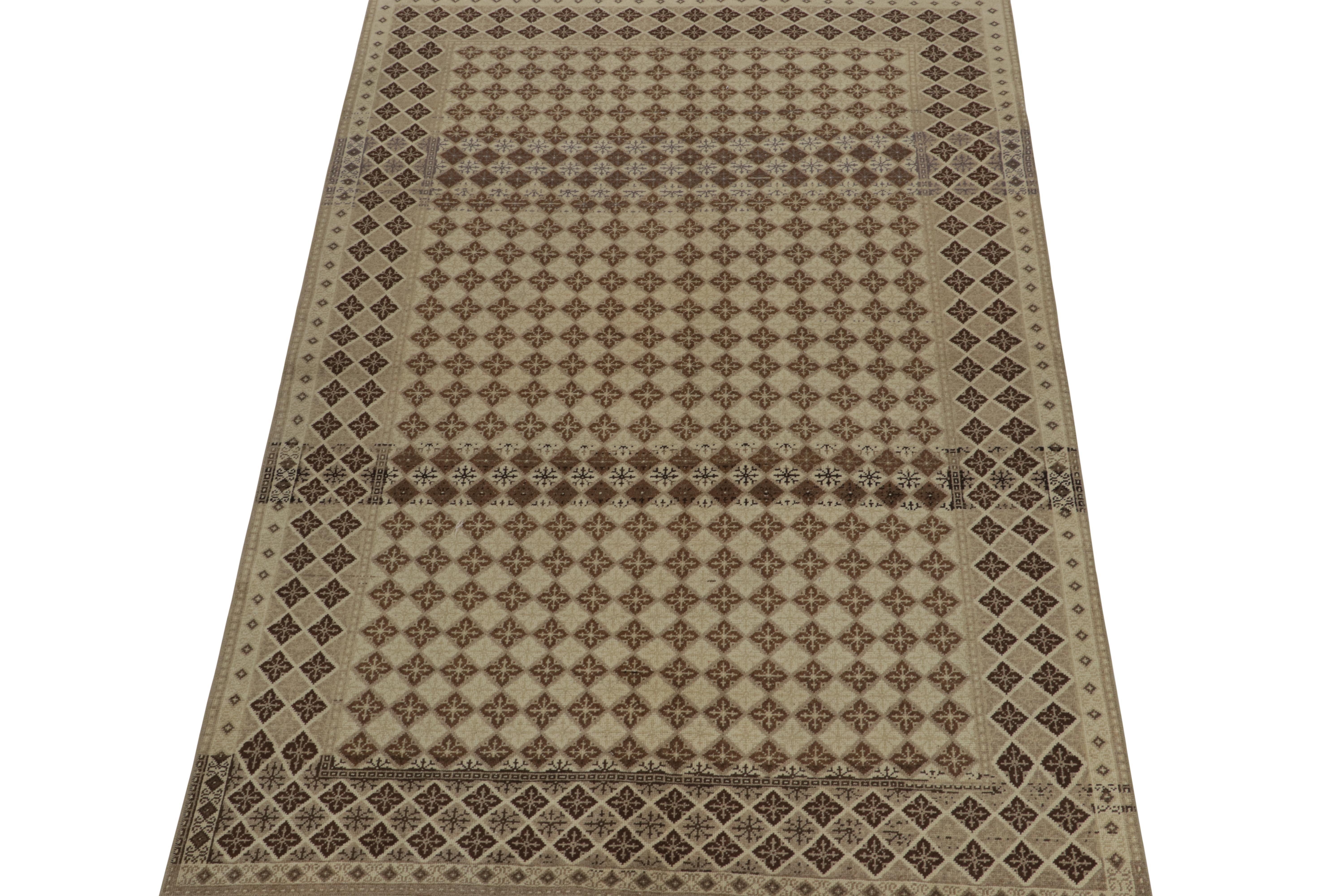 Art Deco Distressed Vintage Zeki Muren Rug in Beige and Brown Pattern, by Rug & Kilim For Sale