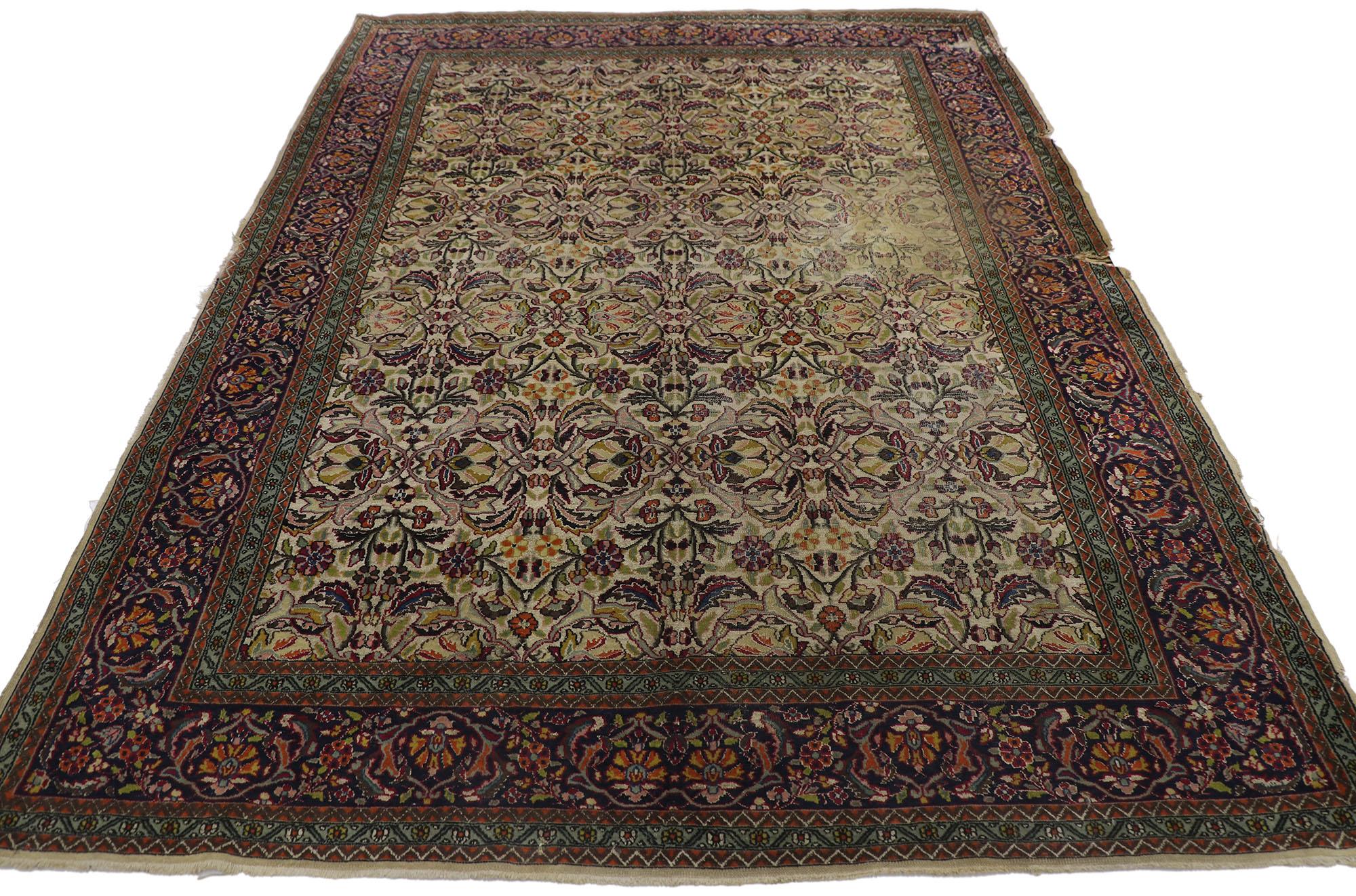 Hand-Knotted Distressed Weathered Antique Persian Kashan Rug For Sale